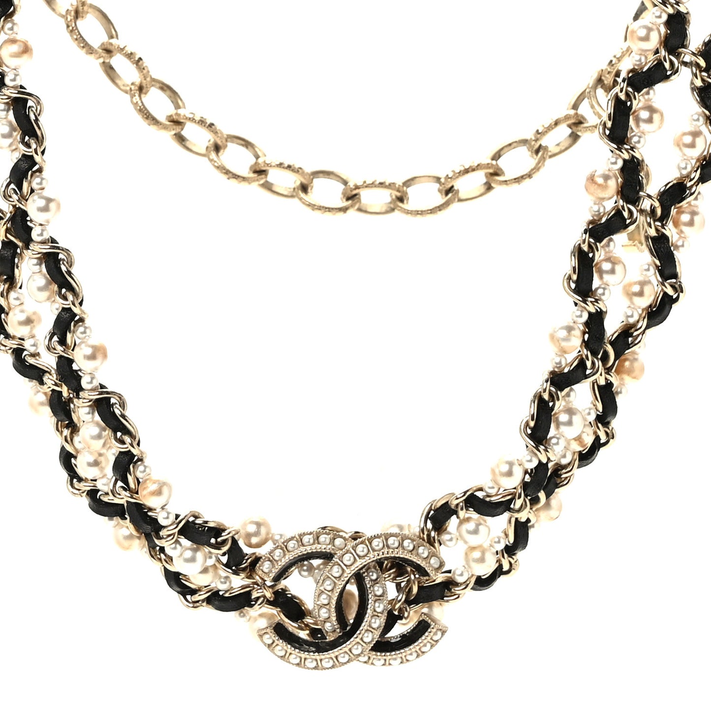 Pearl Lambskin CC Chain Twist Choker Necklace Gold Black