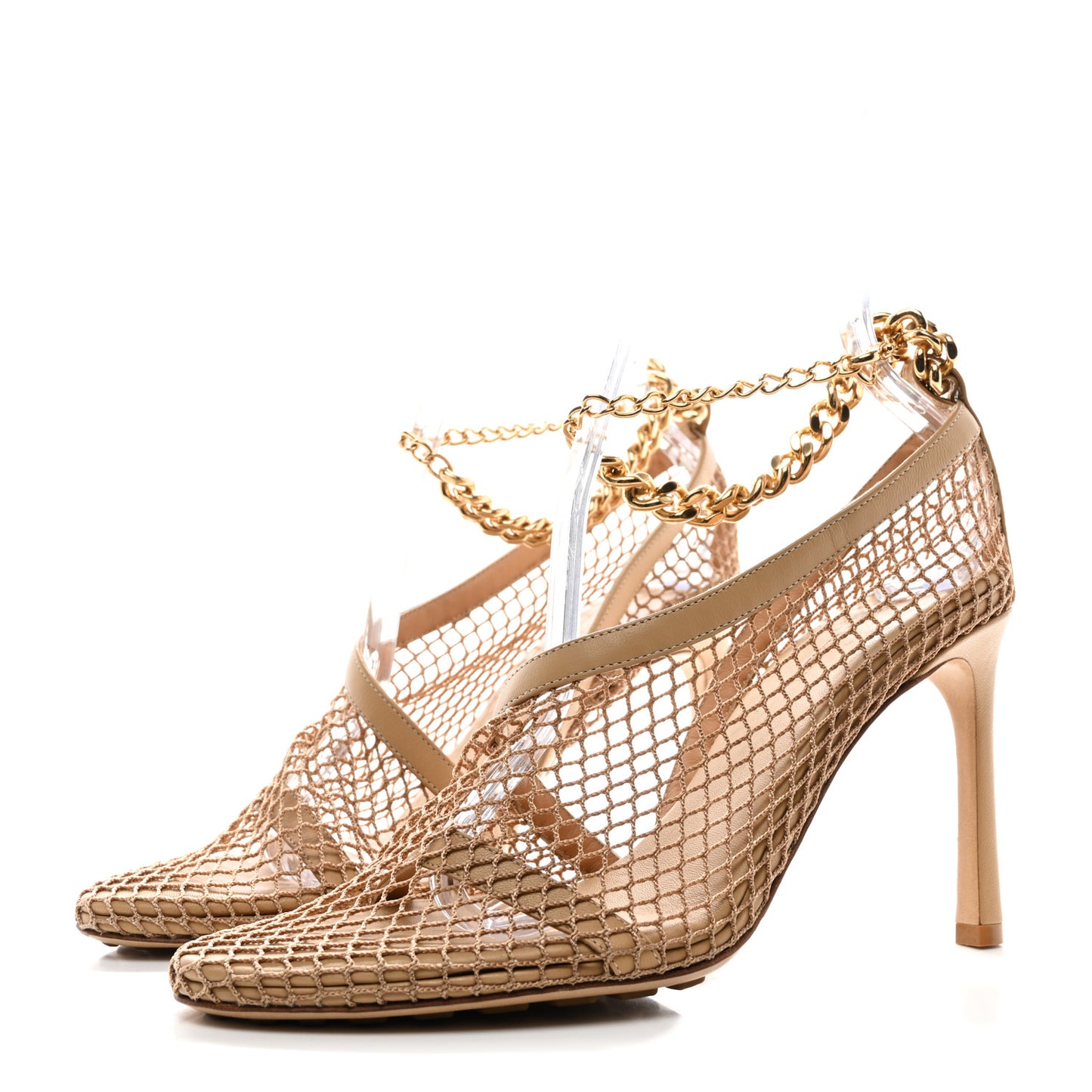 Mesh Calfskin Chain Stretch Pumps 37 Beige