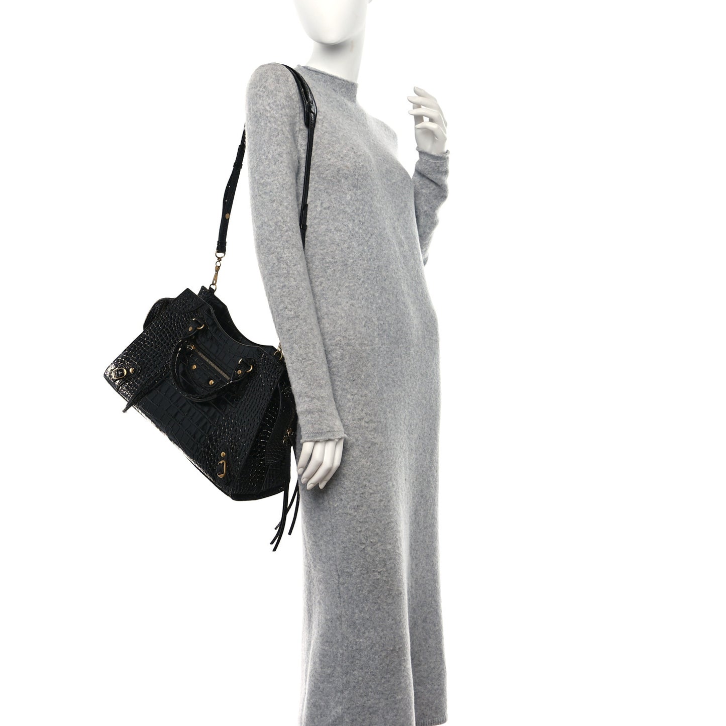 Shiny Supple Calfskin Crocodile Embossed Brass Hardware Neo Classic City Black