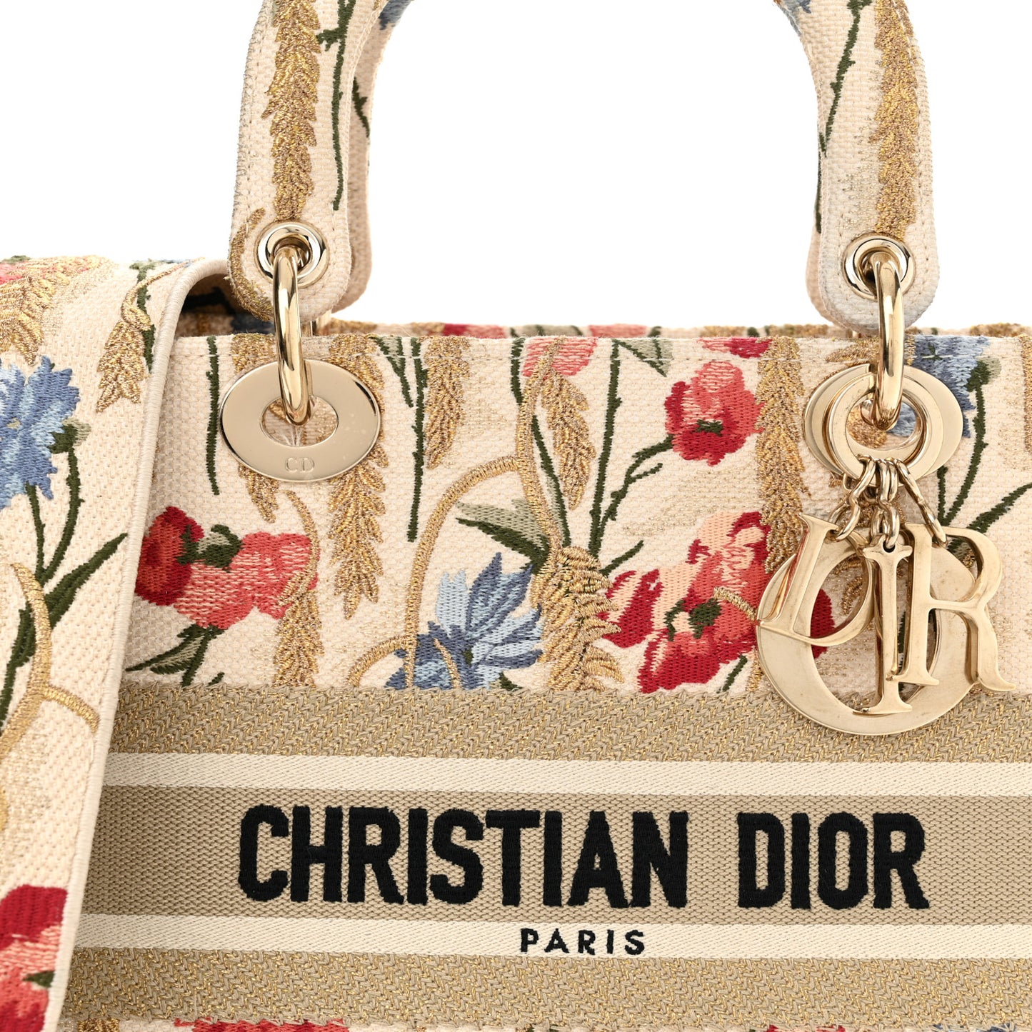 Canvas Embroidered Hibiscus Printed Medium Lady D-Lite Beige Multicolor