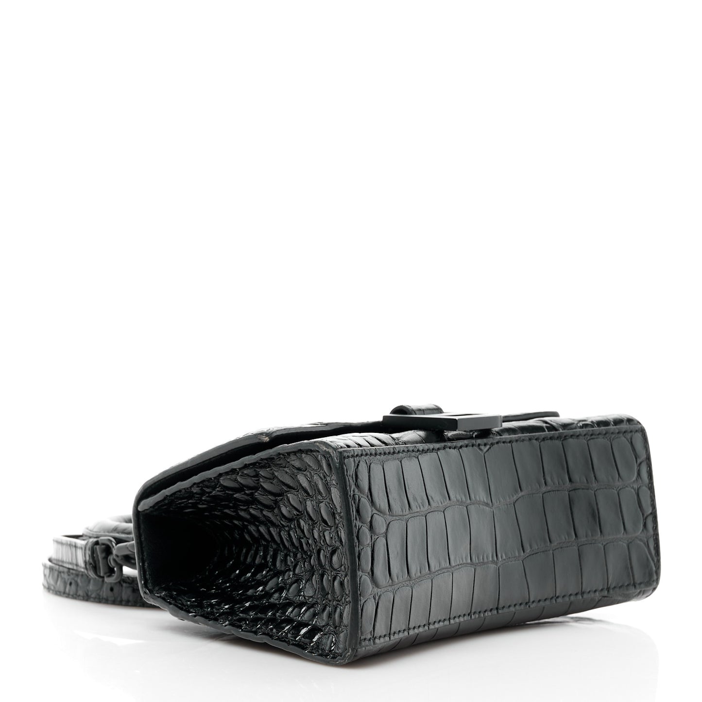 Shiny Calfskin Monochrome Crocodile Embossed Hourglass Top Handle Bag XS Black