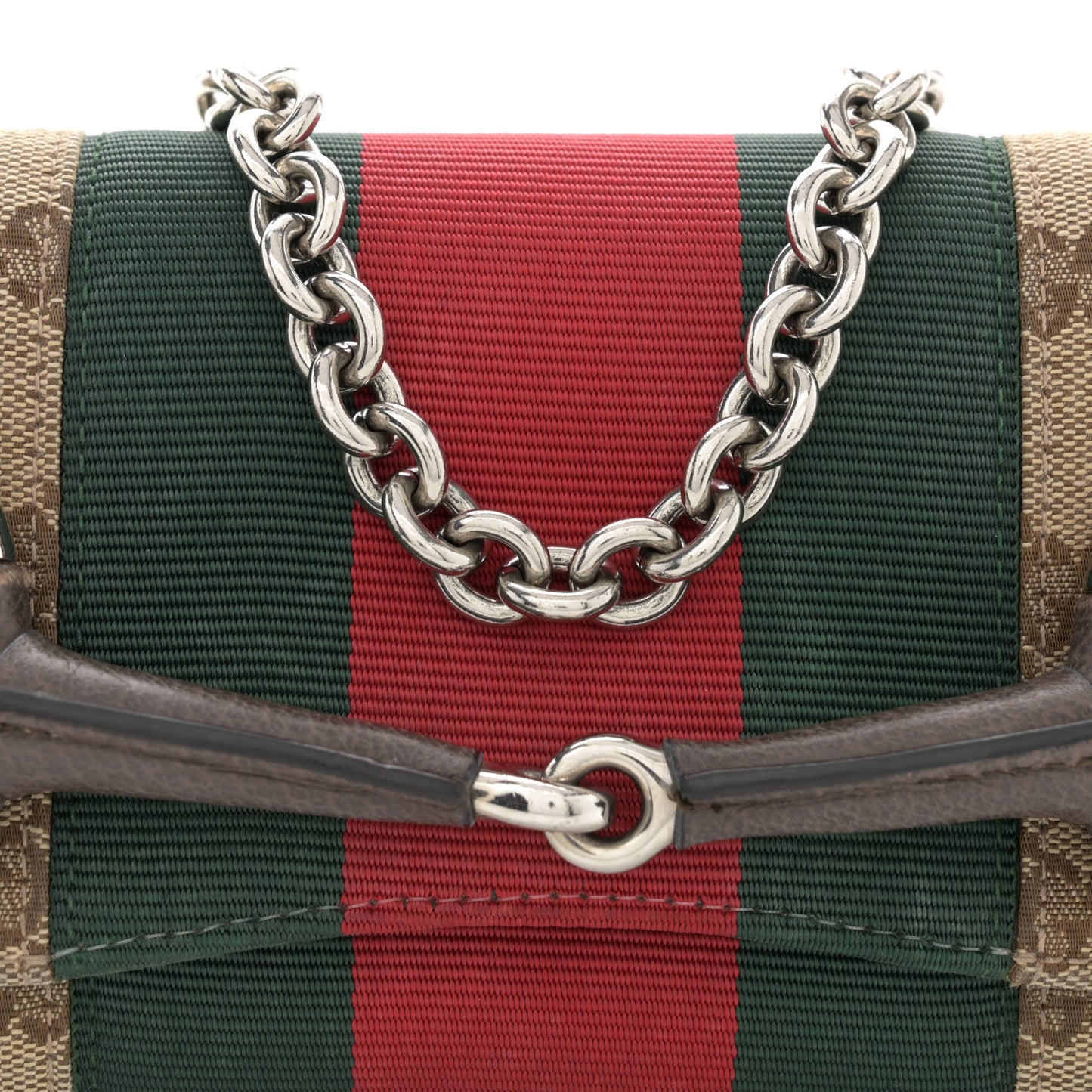 Monogram Textured Dollar Calfskin Heavy Grosgrain Web Small Maxi Horsebit Chain Shoulder Bag Beige Ebony New Acero