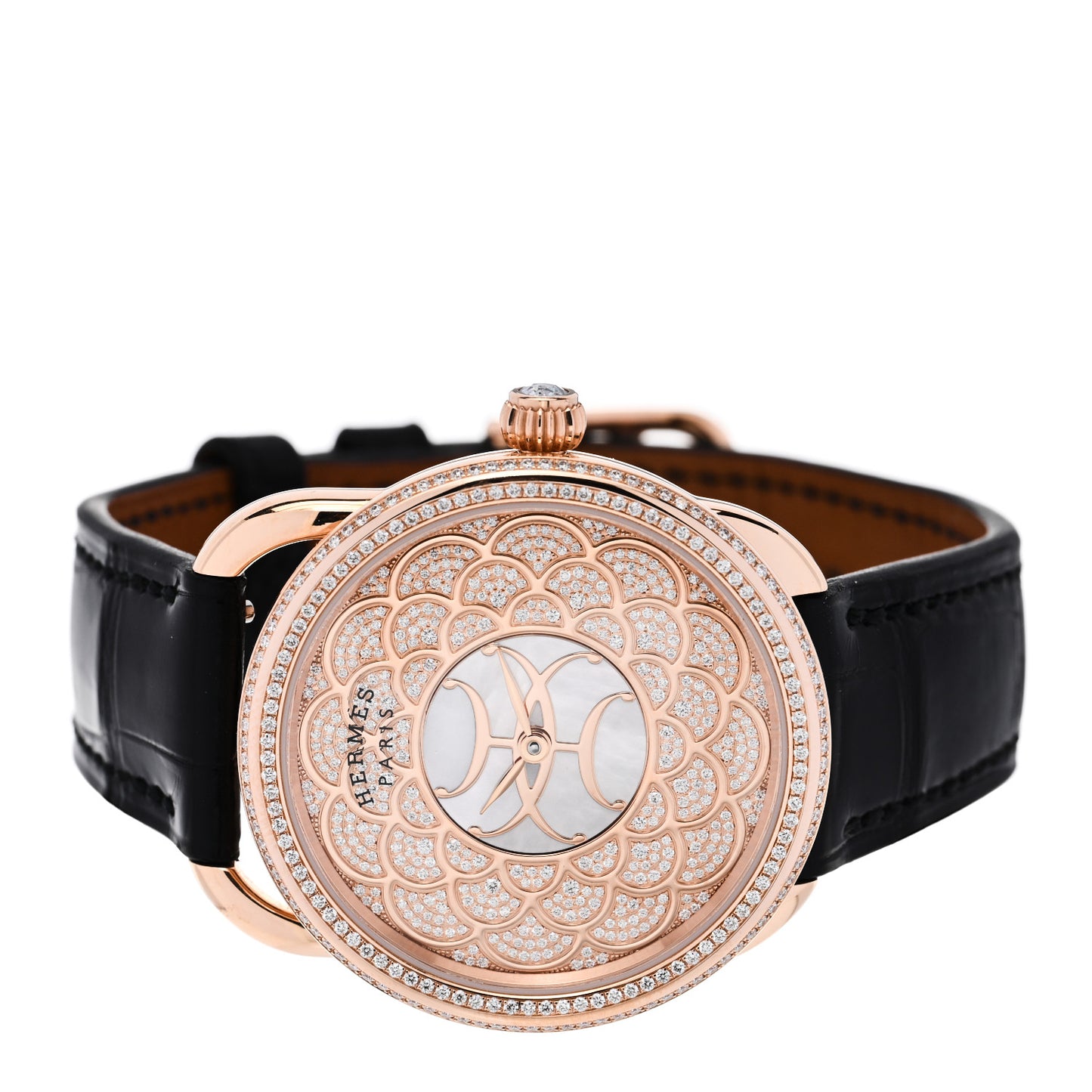 18K Rose Gold Alligator Diamond Mother of Pearl 34mm Arceau H Deco Automatic Watch