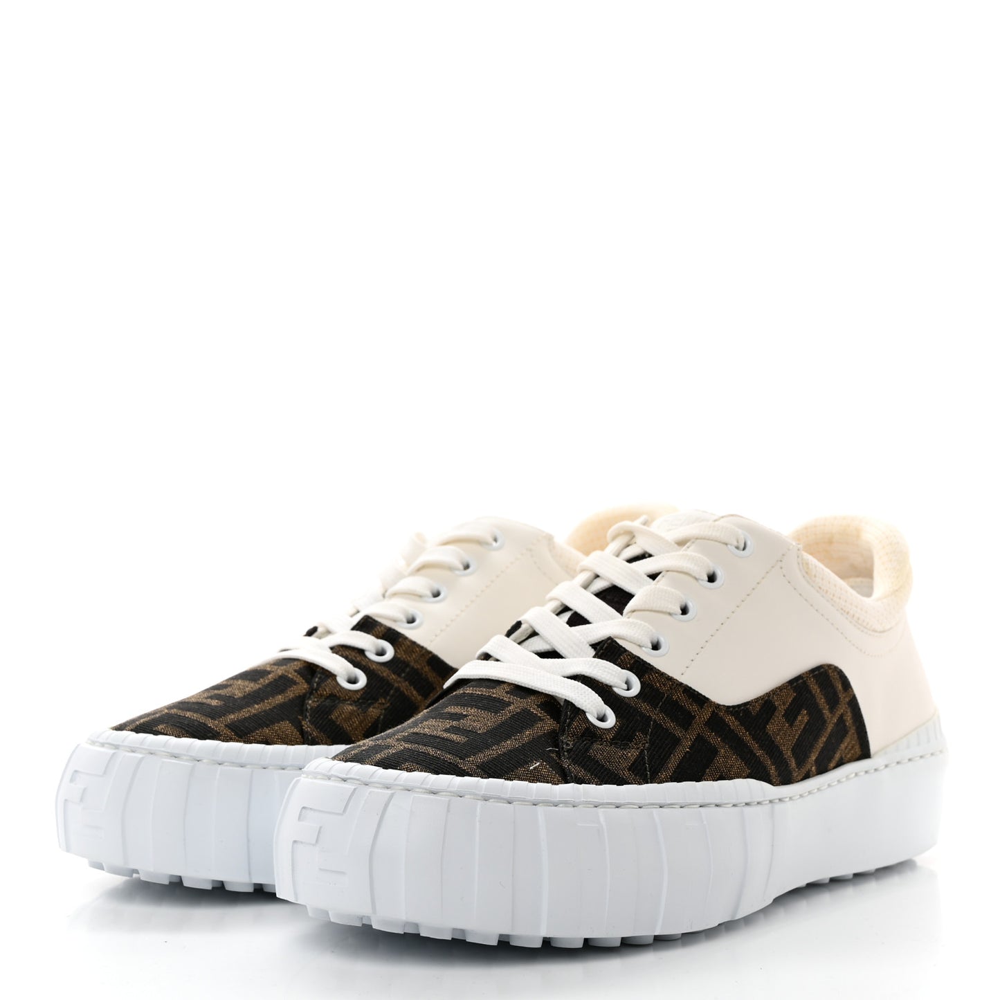 Fabric Jacquard Vitello Technical Fabric FF Womens Fendi Force Low Top Sneakers 39.5 Tobacco Black Ultrawhite White