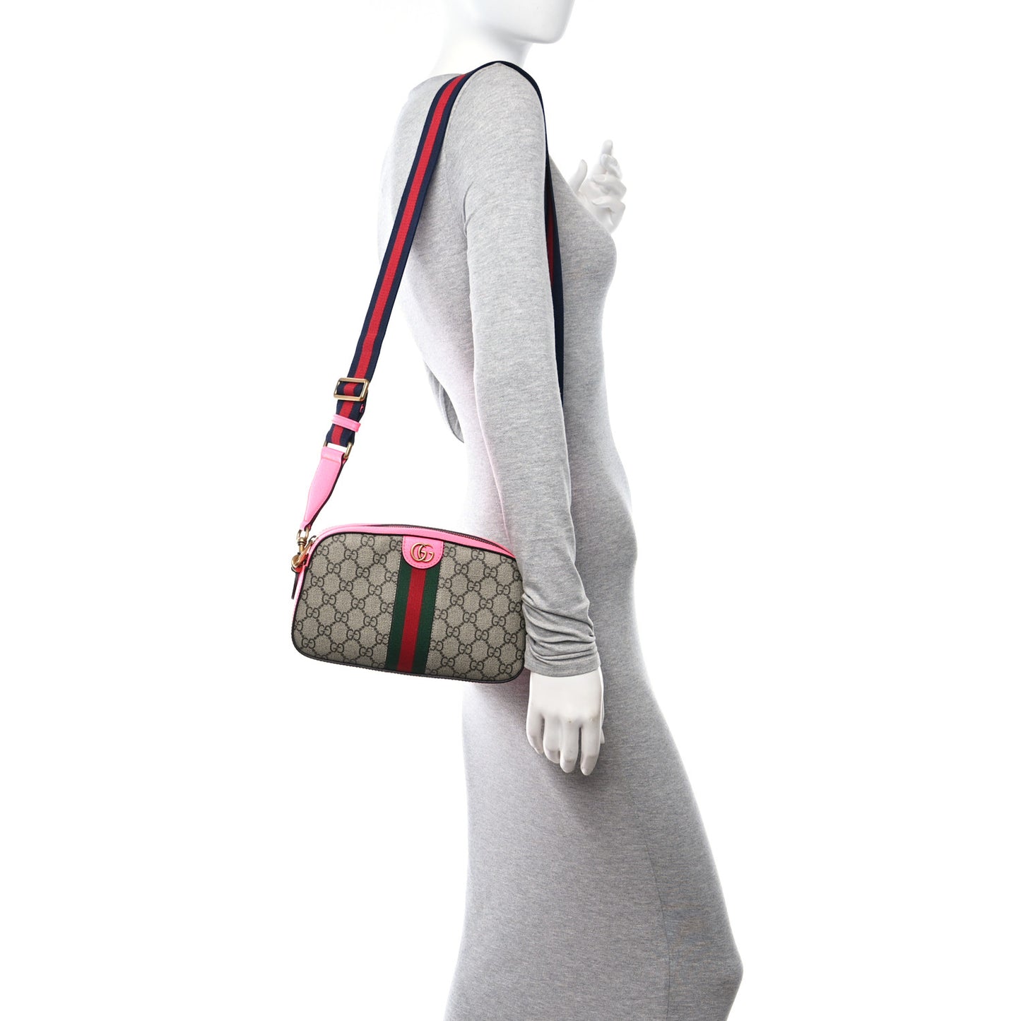 GG Supreme Monogram Textured Dollar Calfskin Web Ophidia Small Crossbody Bag Beige Ebony Fuchsia