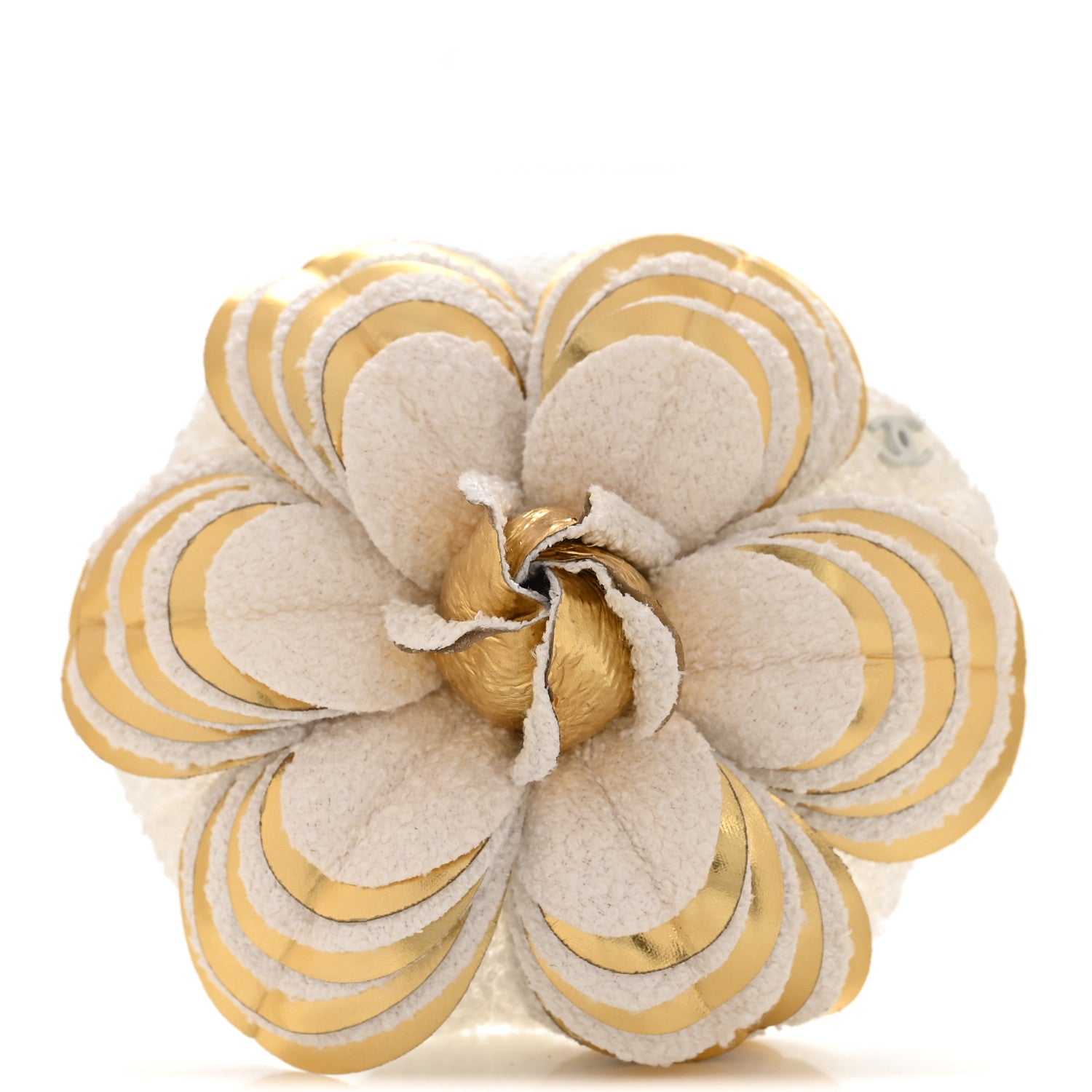 Chanel Tweed Laminated Lambskin Camellia CC Pin Brooch Ivory Gold