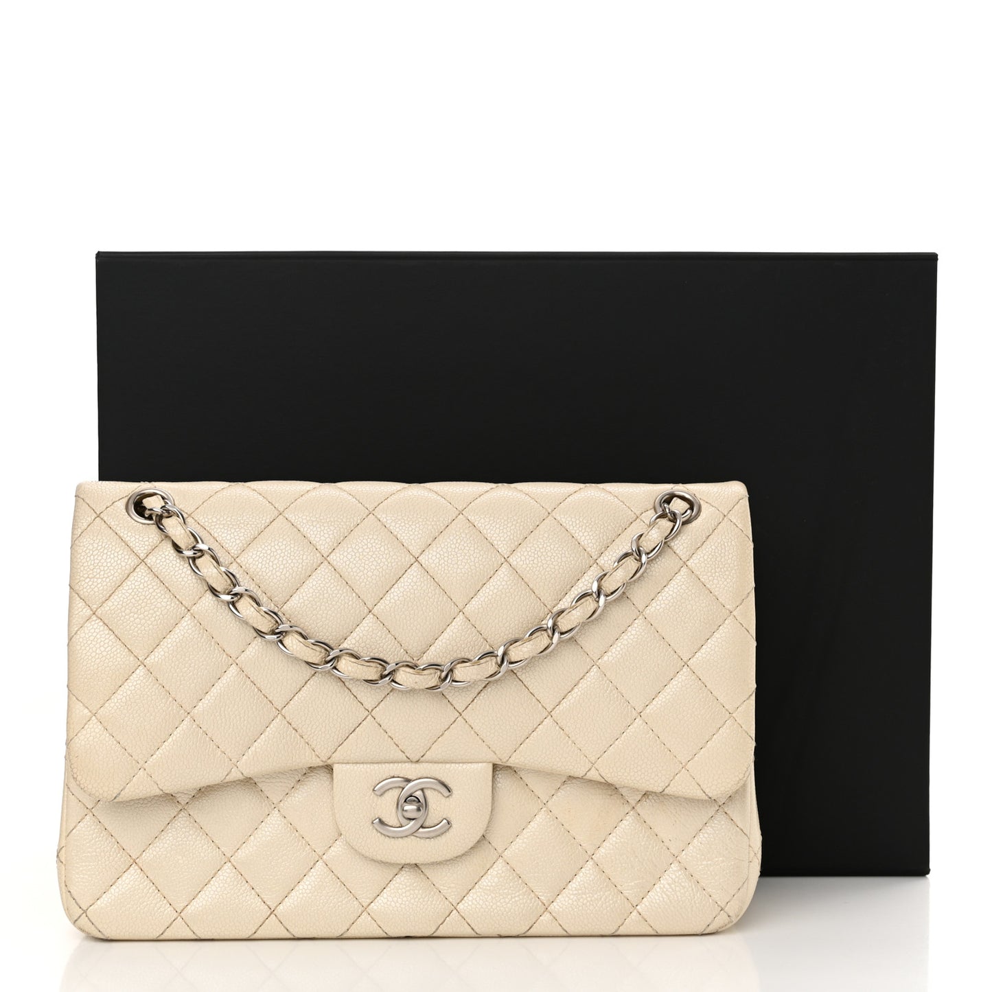 Iridescent Caviar Quilted Jumbo Double Flap Dark White