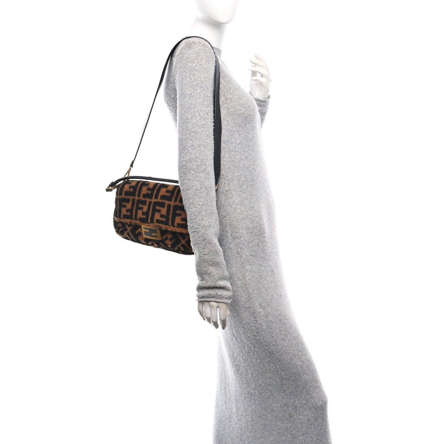 Fendi Shearling Vitello Dolce Macro FF 1974 Baguette Tobacco Black 2 of 11