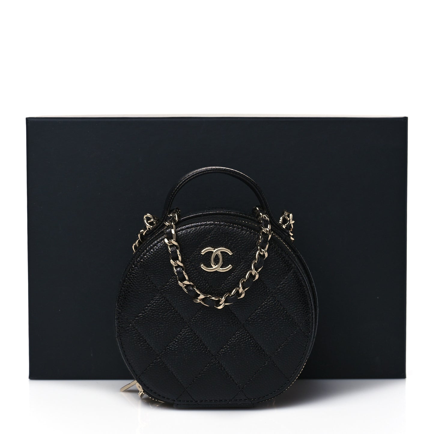 Caviar Quilted Round Handle With Care Vanity With Chain Black