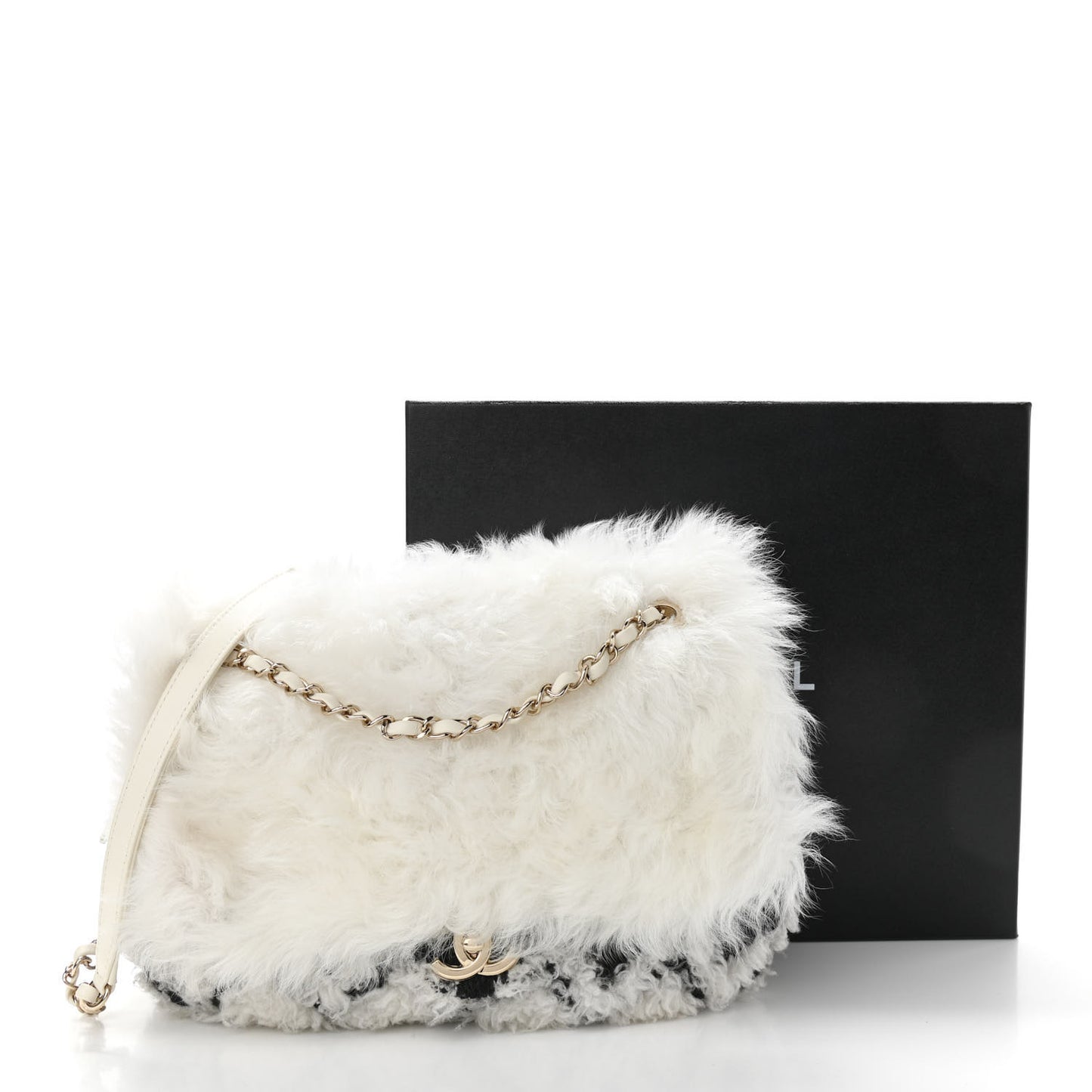 Wool Shearling Sheepskin Zip Around Flap Black Ecru