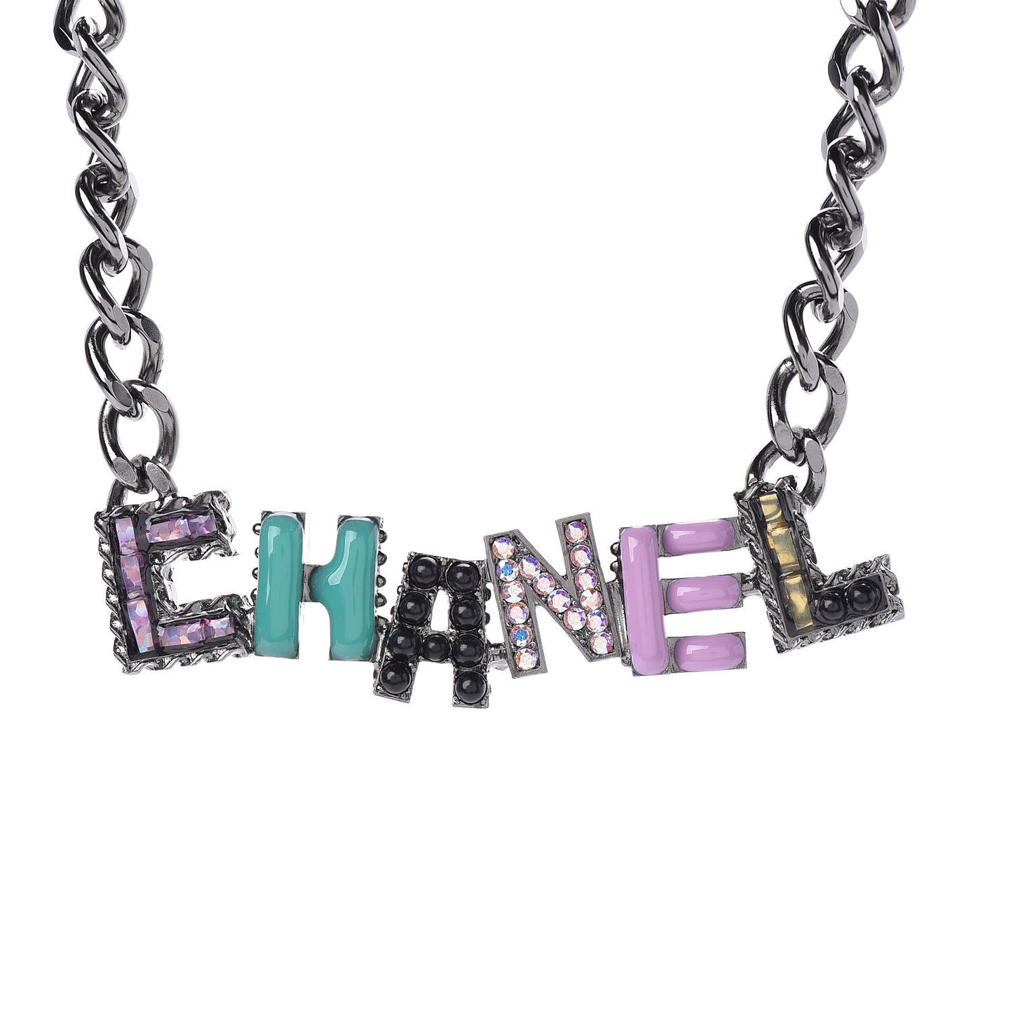 Metal Strass Enamel CC Chain Link Choker Necklace Dark Silver