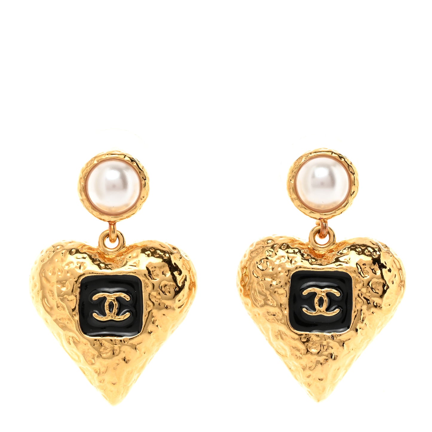 Metal Pearl Resin CC Heart Drop Earrings Gold Black