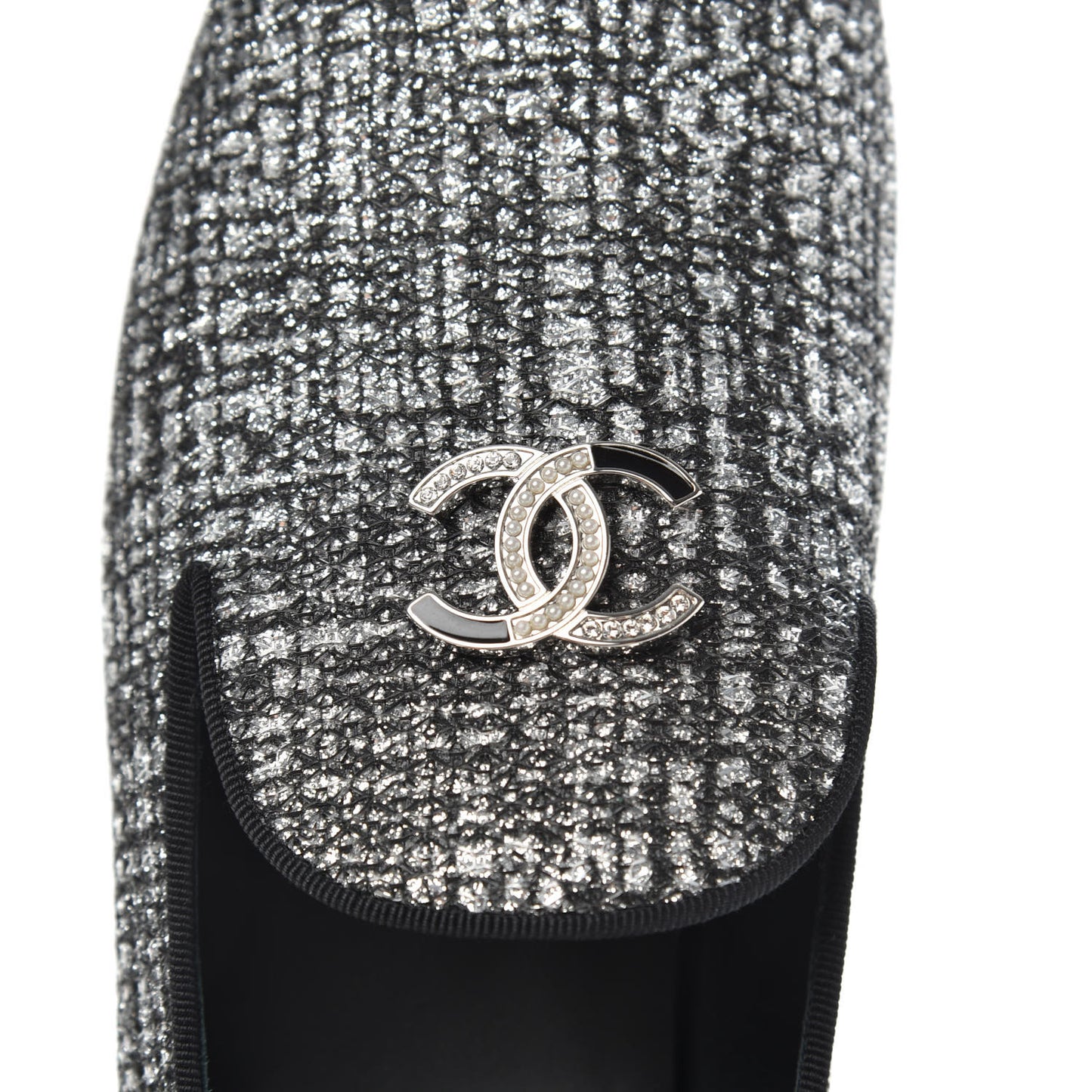 Fantasy Fabric Grosgrain CC Mocassin Loafers 39 Silver Black