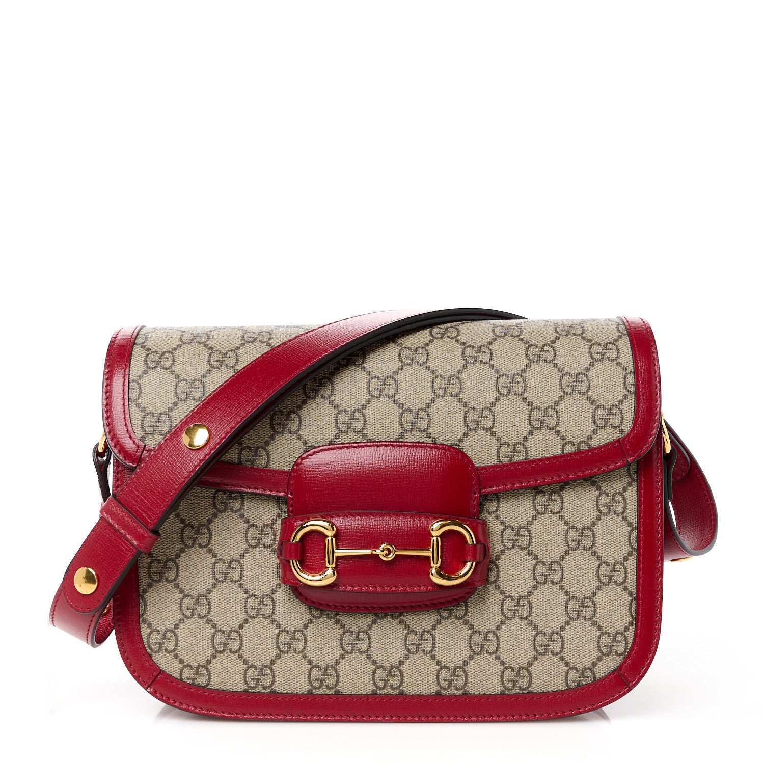 Gucci GG Supreme Monogram Azalea Calfskin Horsebit 1955 Shoulder Bag Beige Ebony New Cherry Red 1 of 11