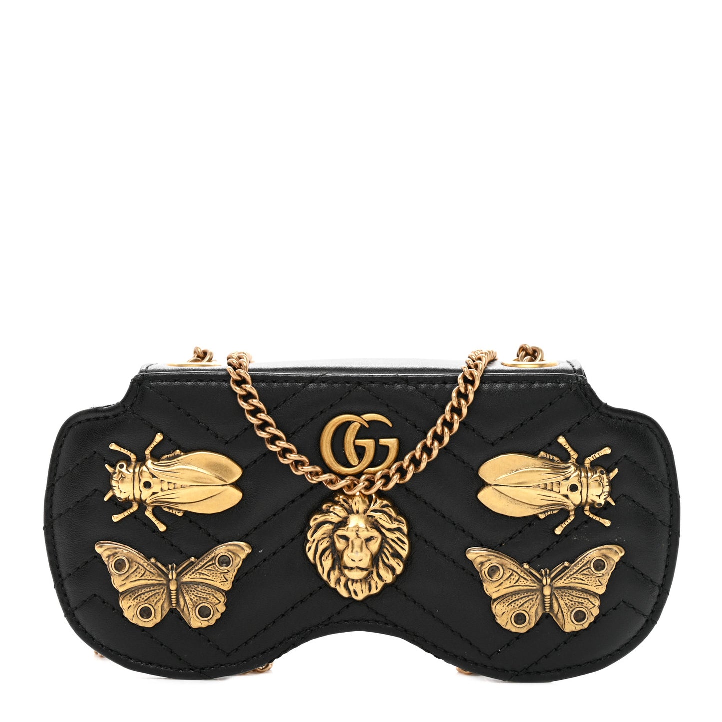 Calfskin Matelasse Animal Studs GG Marmont Chain Sunglasses Case Black