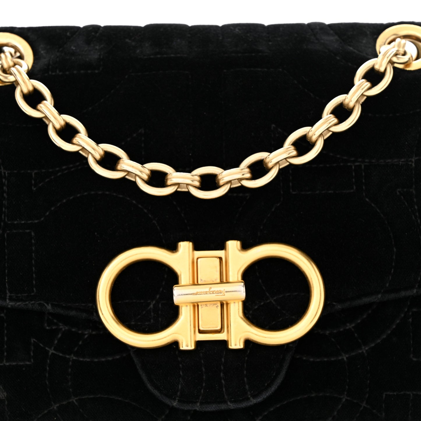 Velvet Quilted Gancini Flap Bag Black