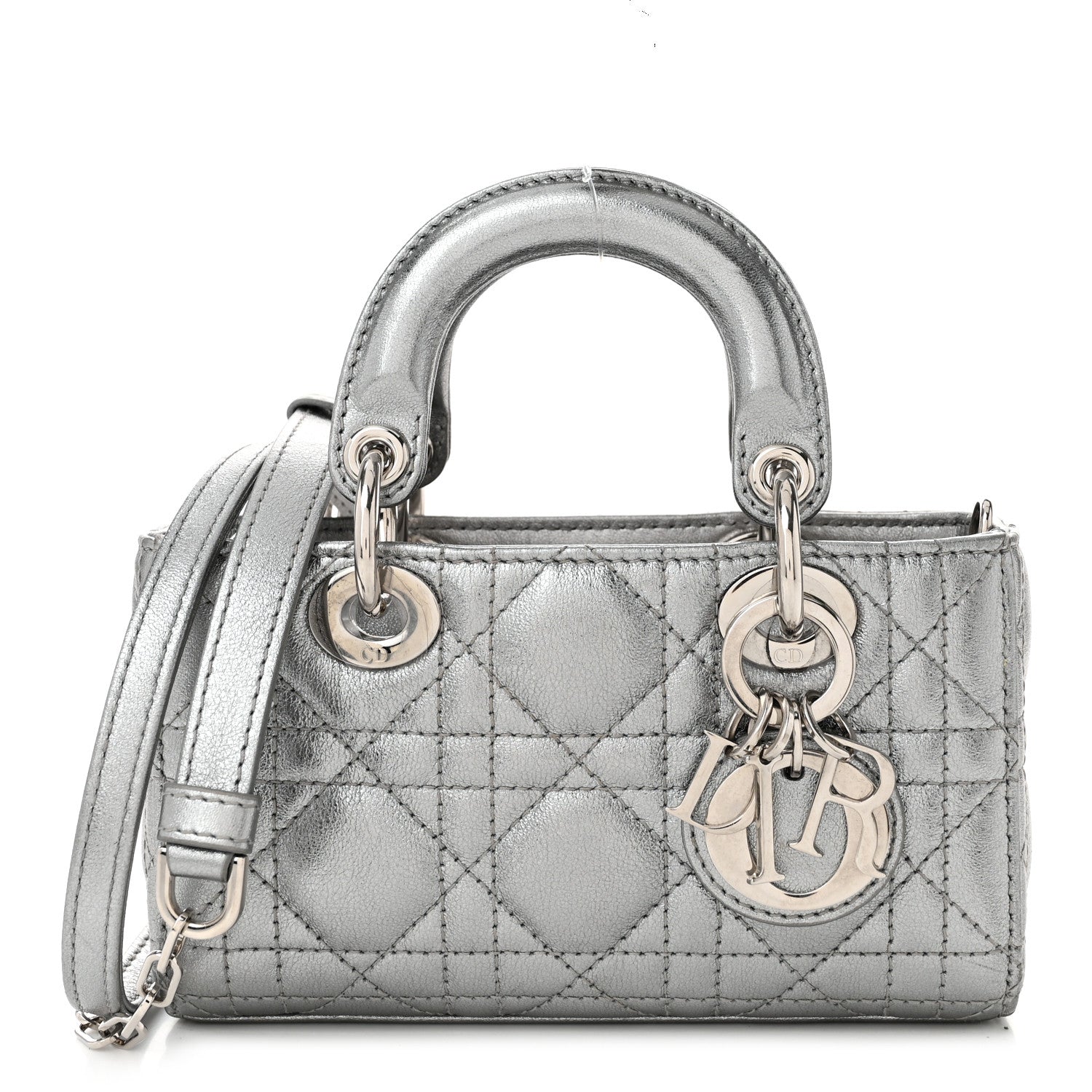 Christian Dior Metallic Lambskin Cannage Micro Lady D-Joy Silver