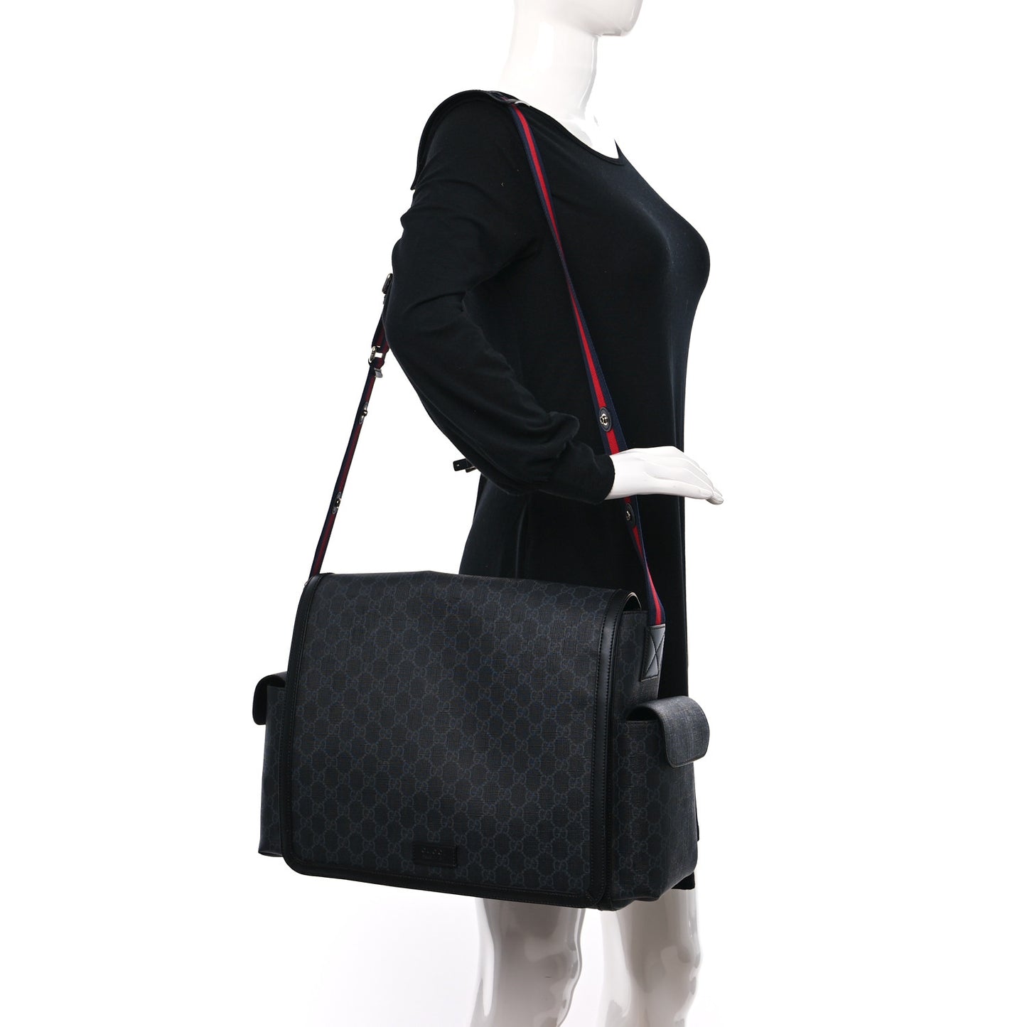 GG Supreme Monogram Web Messenger Diaper Bag Black Grey
