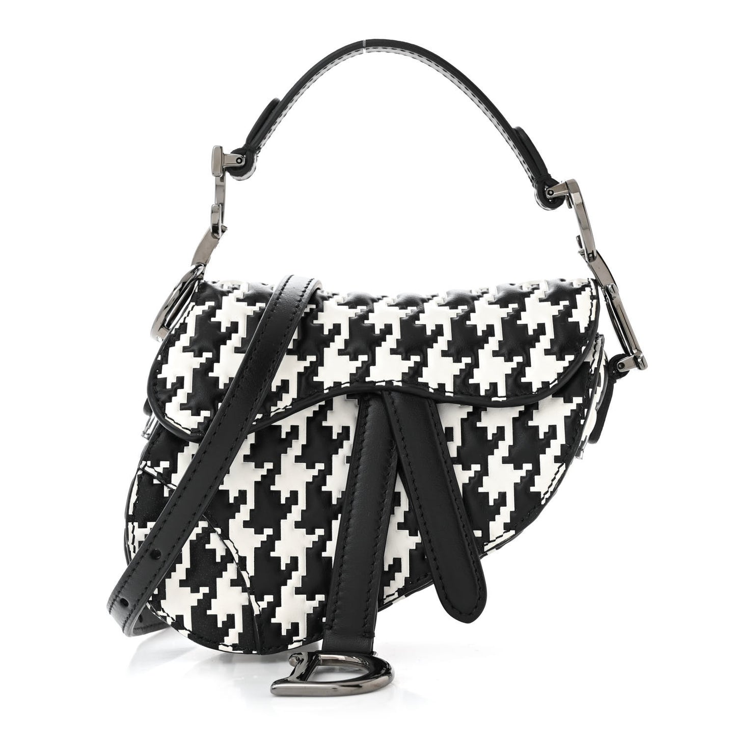 Calfskin Macro Houndstooth Embossed Micro Saddle Bag Black White