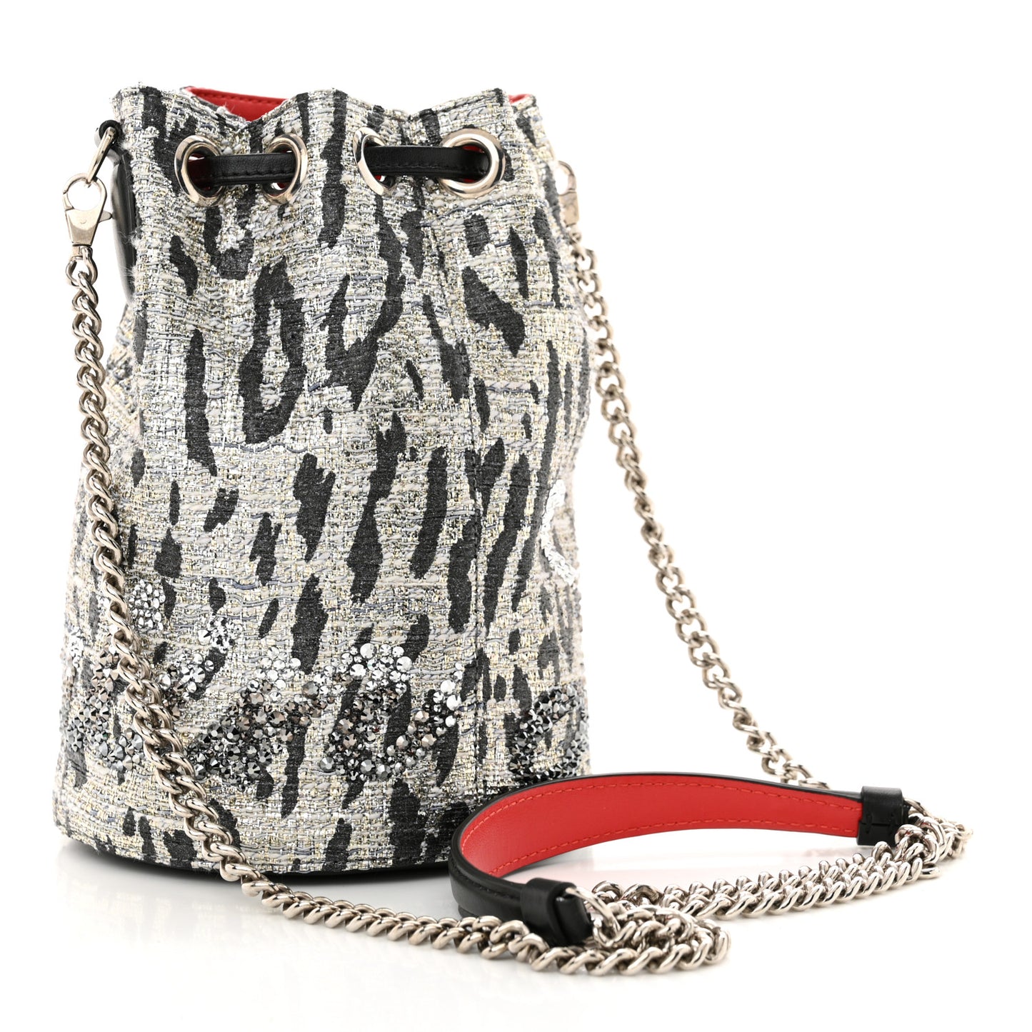 Tweed Crystal Leopard Print Marie Jane Bucket Silver
