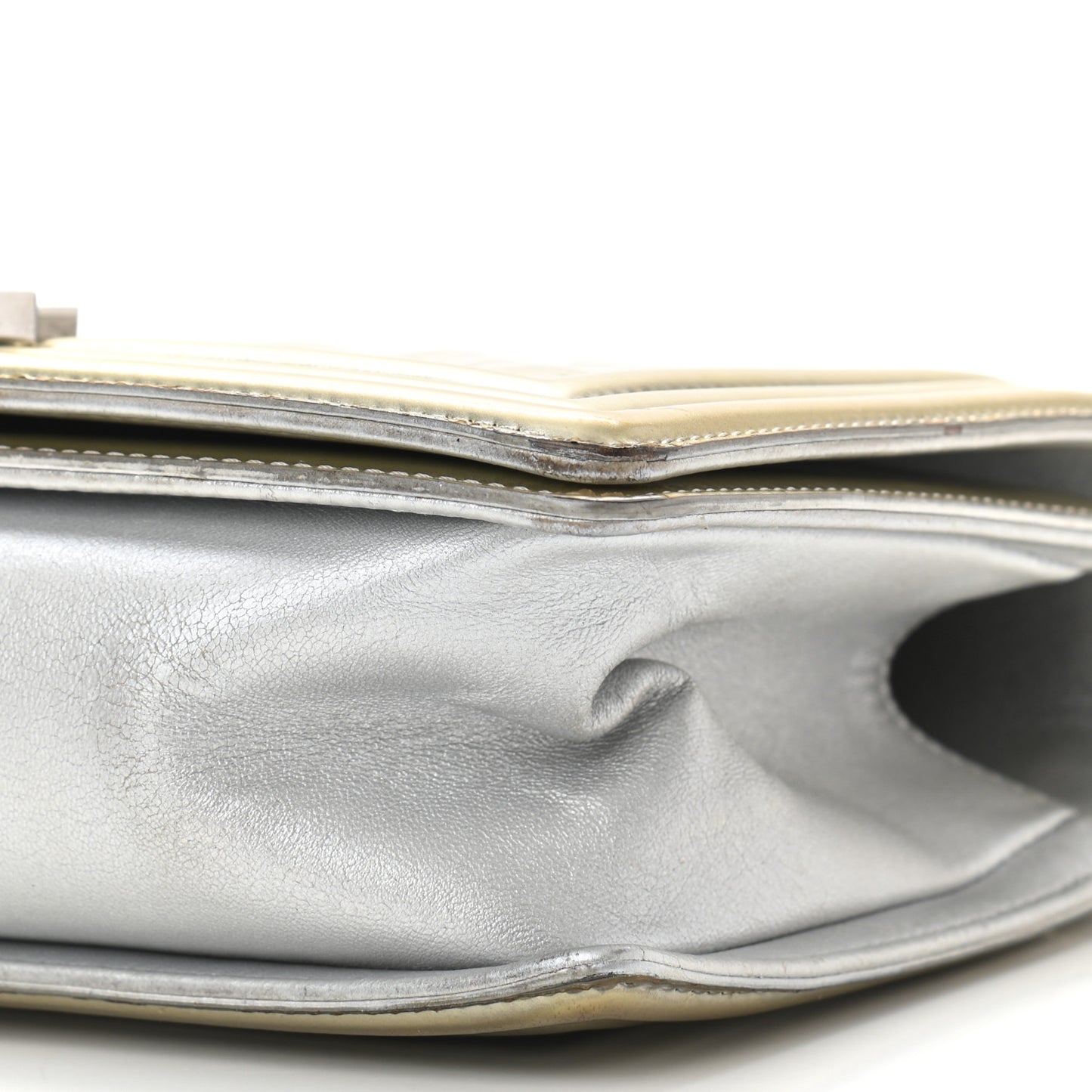 Metallic Patent Calfskin Quilted Medium Boy Flap Silver