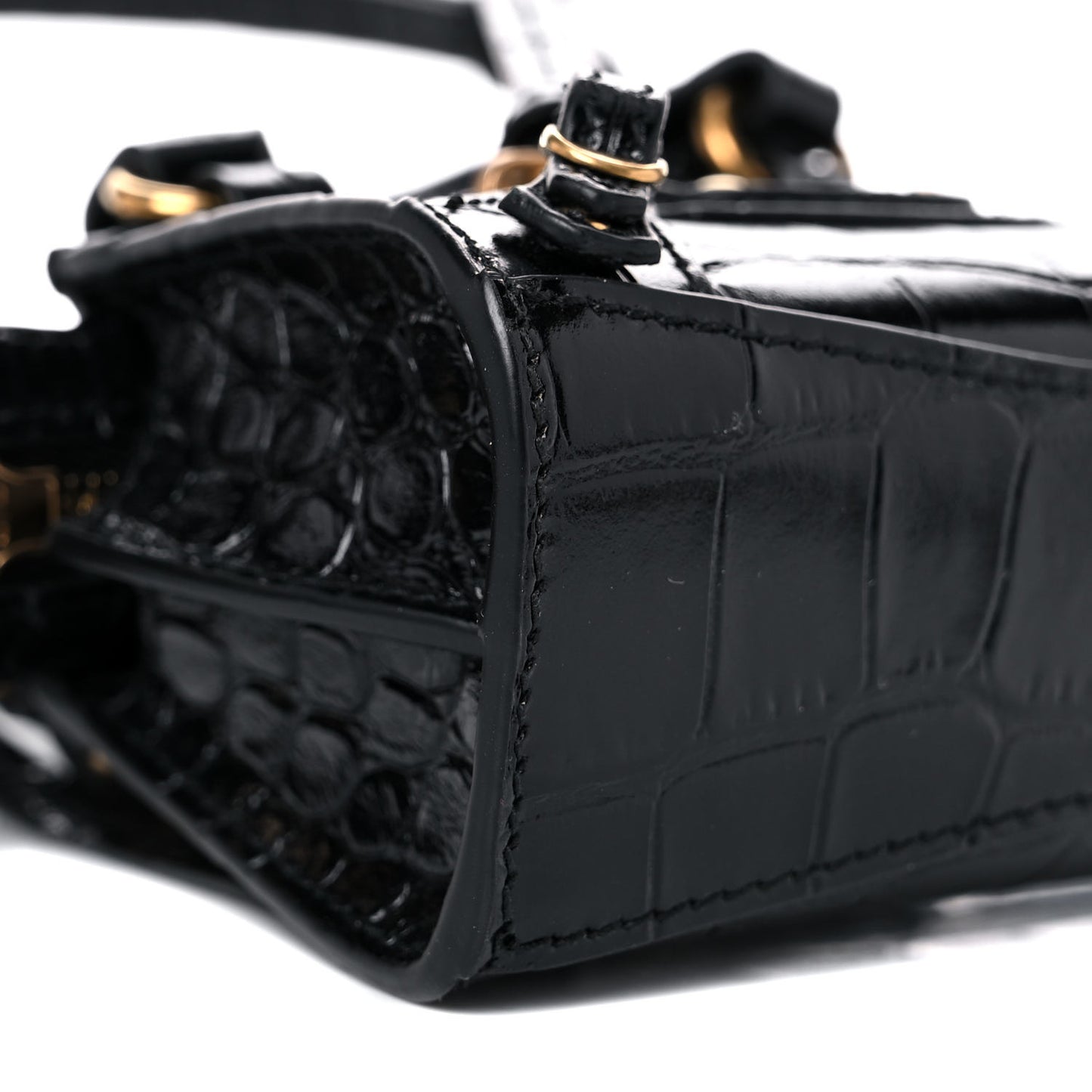 Shiny Supple Calfskin Crocodile Embossed Neo Classic Gold Hardware Super Nano City Crossbody Black