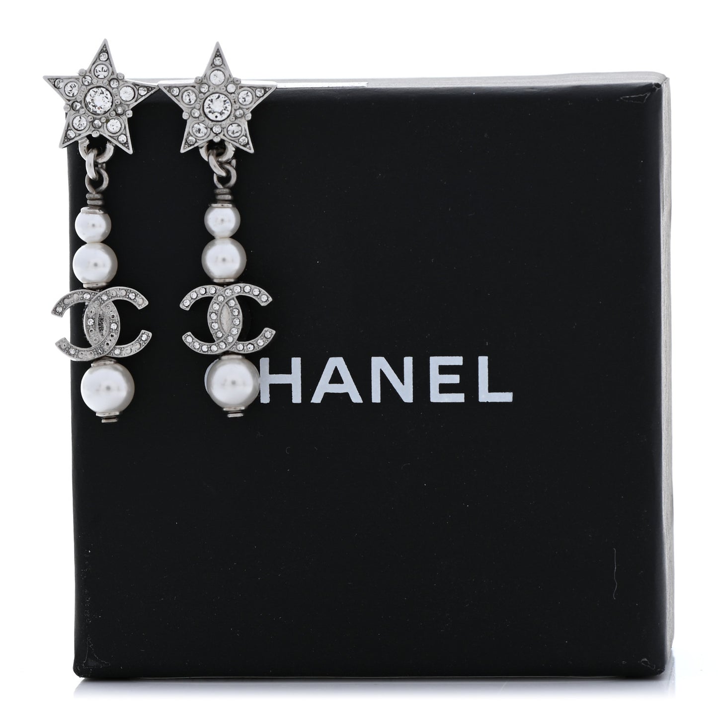 Crystal Pearl CC Star Drop Earrings Silver