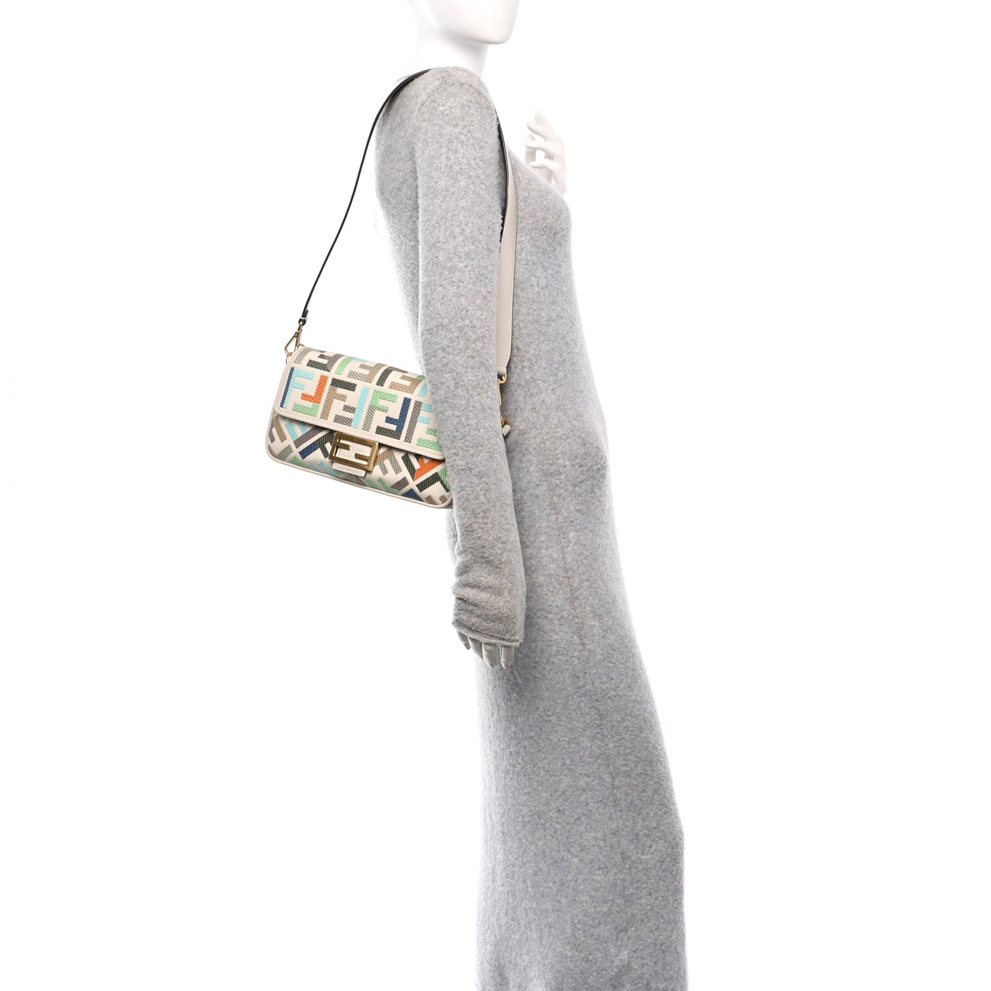 Canvas Vitello Seta FF Multicolor Embroidered Baguette Grezzo Multicolor Latte