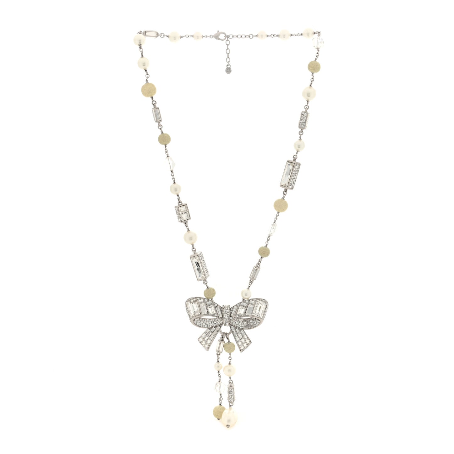 Crystal Baguette Pearl Bow Necklace Silver