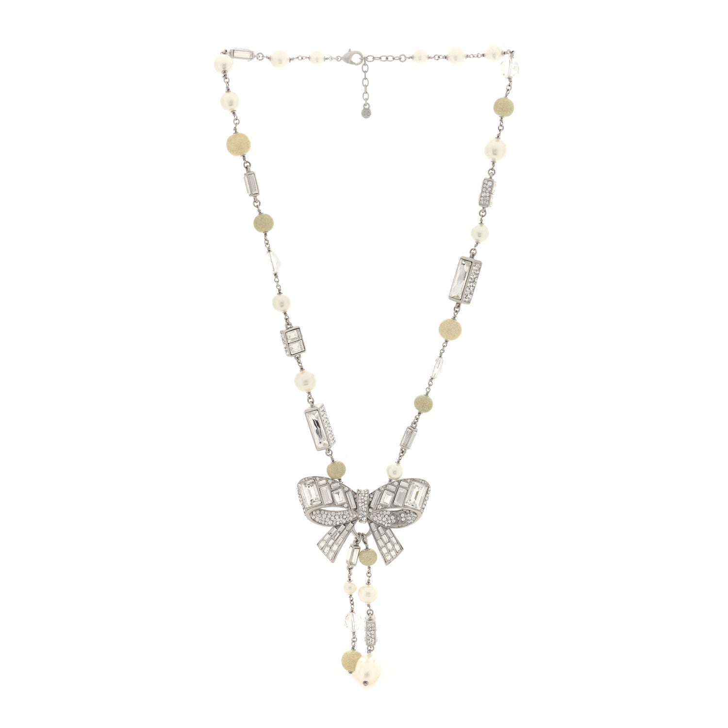 Chanel Crystal Baguette Pearl Bow Necklace Silver 3 of 4
