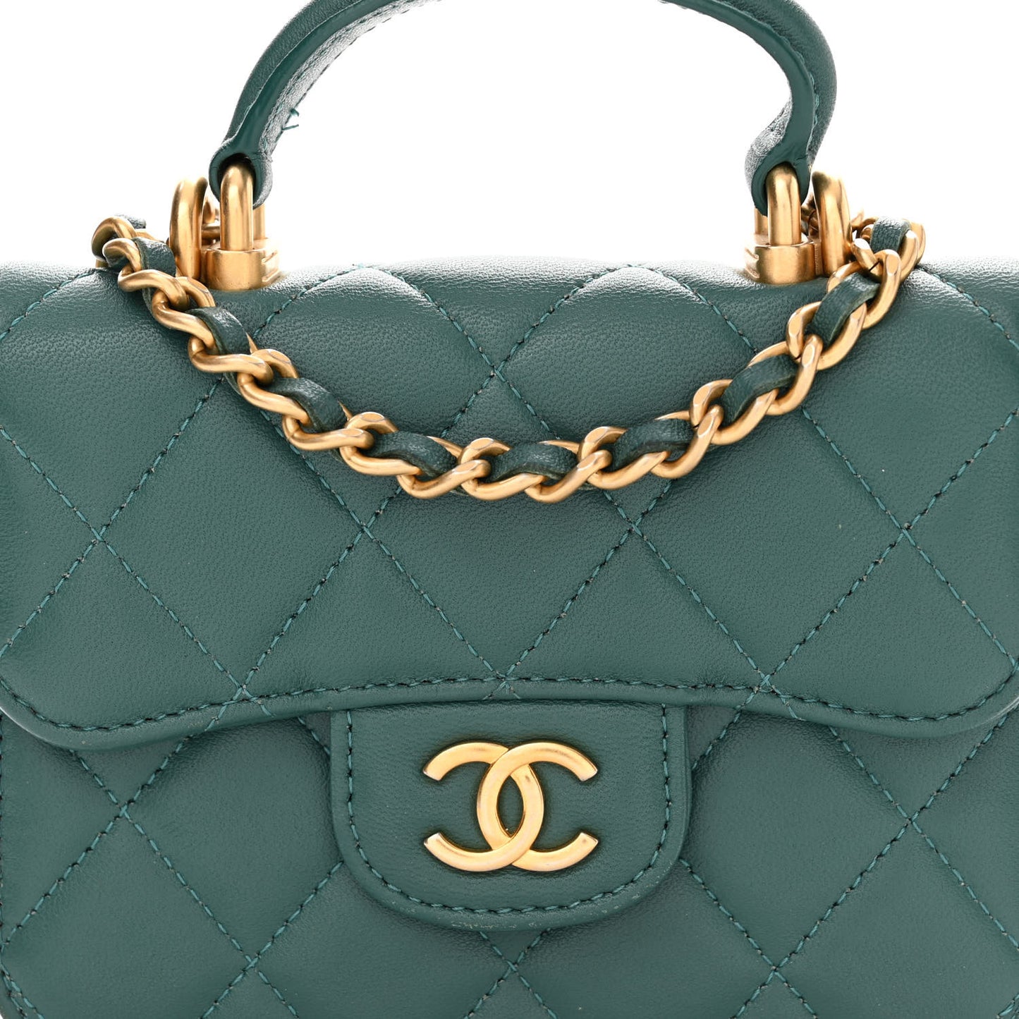 Lambskin Quilted Top Handle Flap Coin Purse With Chain Green