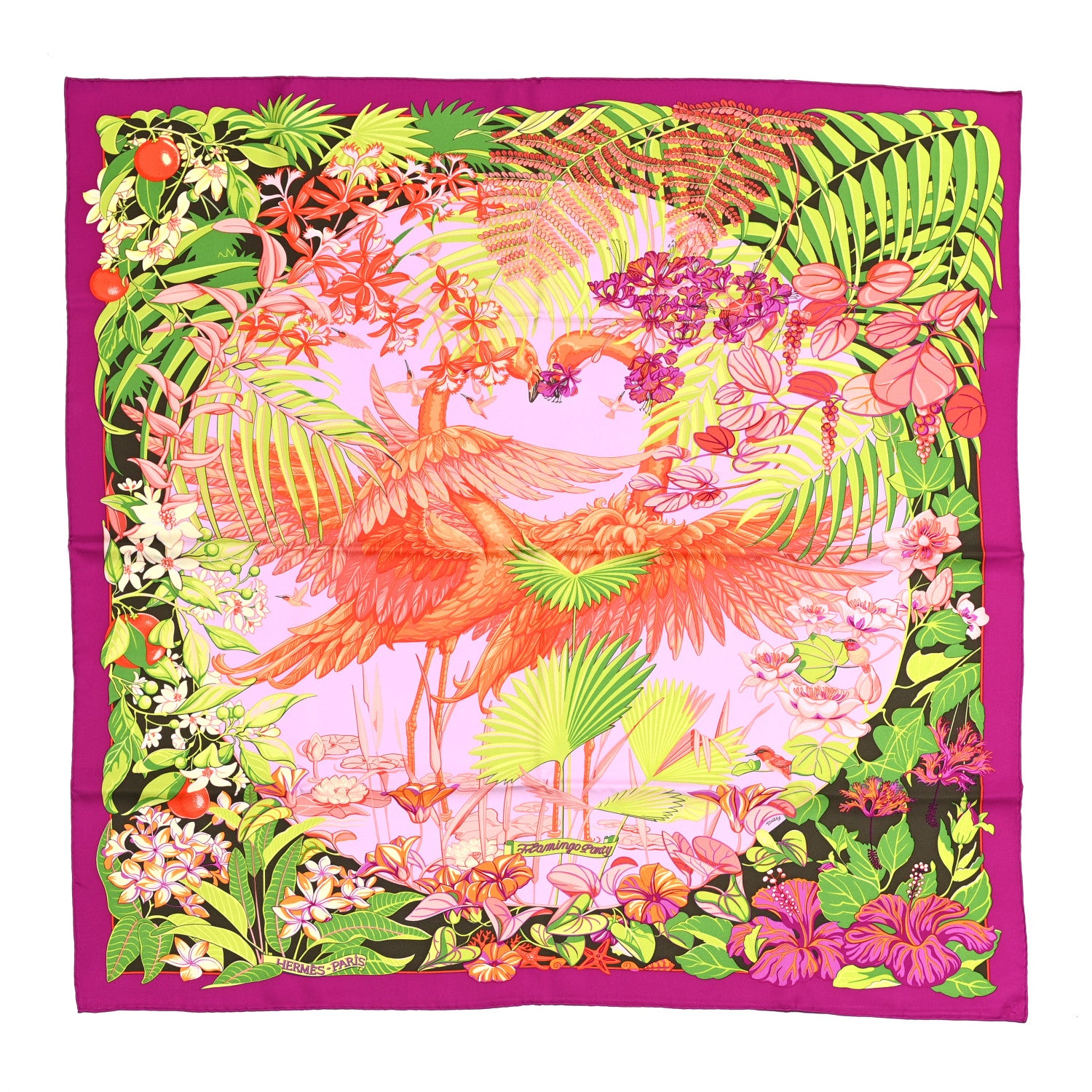 Hermes Silk Flamingo Party Scarf 90 Bougainvillier Mauve Vert 1 of 6