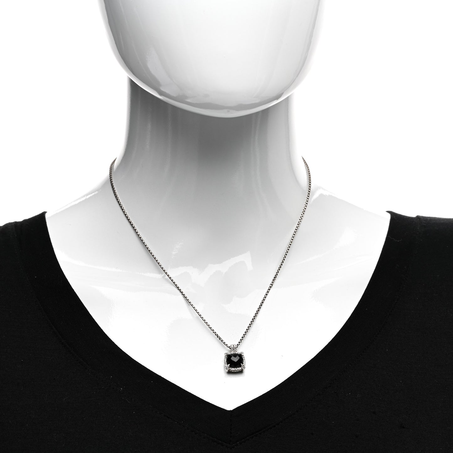 Sterling Silver Diamond Black Onyx 9mm Chatelaine Pave Bezel Pendant Necklace