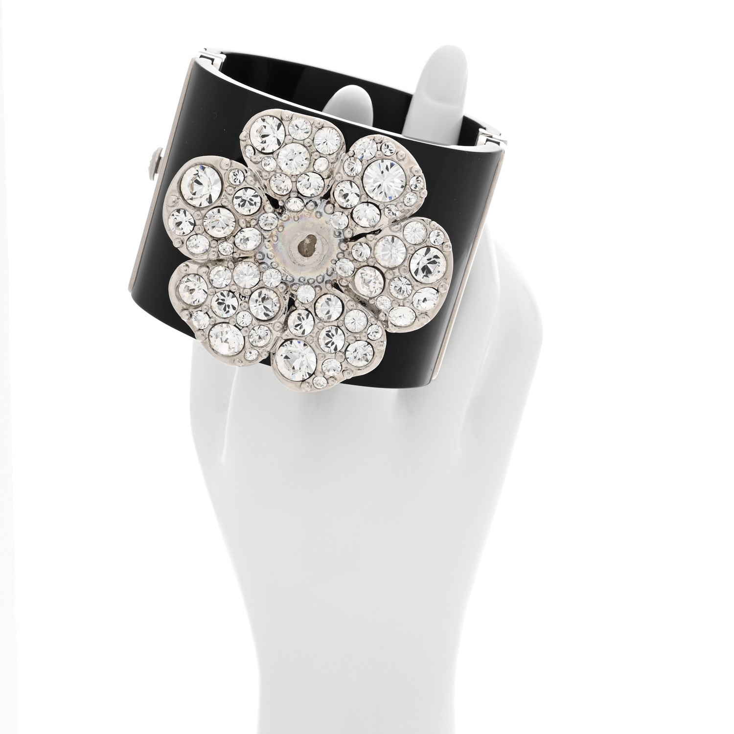 Chanel Resin Swarovski Crystal Camellia CC Cuff Black Silver 2 of 5
