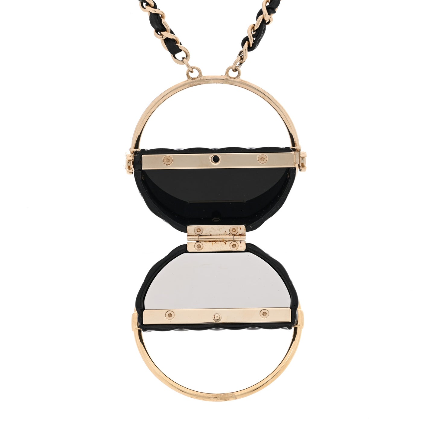 Metal Resin Quilted Flap Bag Hoop Mirror Necklace Black Gold