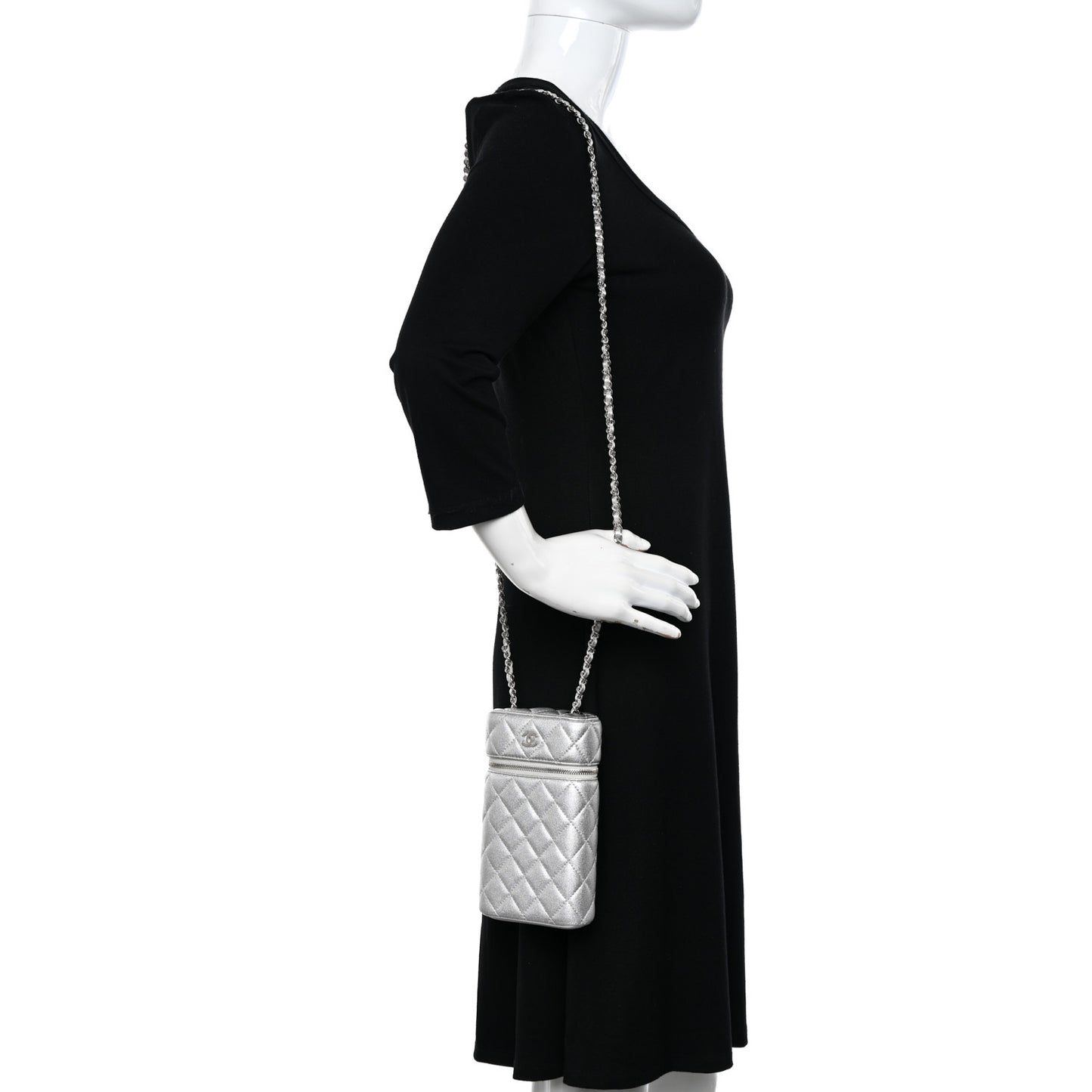 Metallic Lambskin Quilted Phone Holder With Chain Silver
