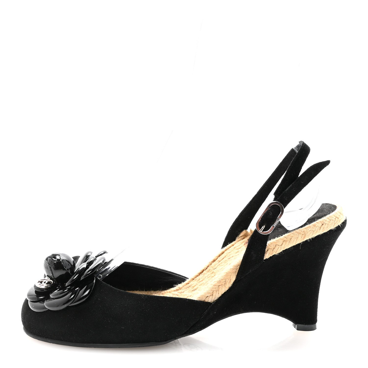 Chanel Velvet Patent Camellia Espadrilles Wedge Sandals 38 Black