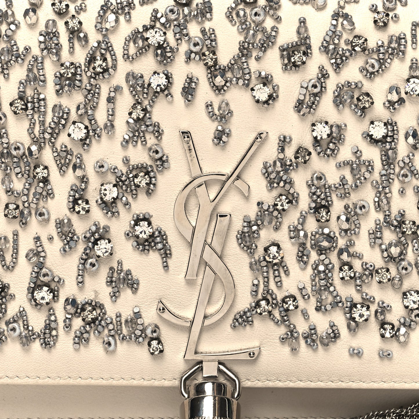Calfskin Bead Embellished Kate Monogram Tassel Chain Wallet White