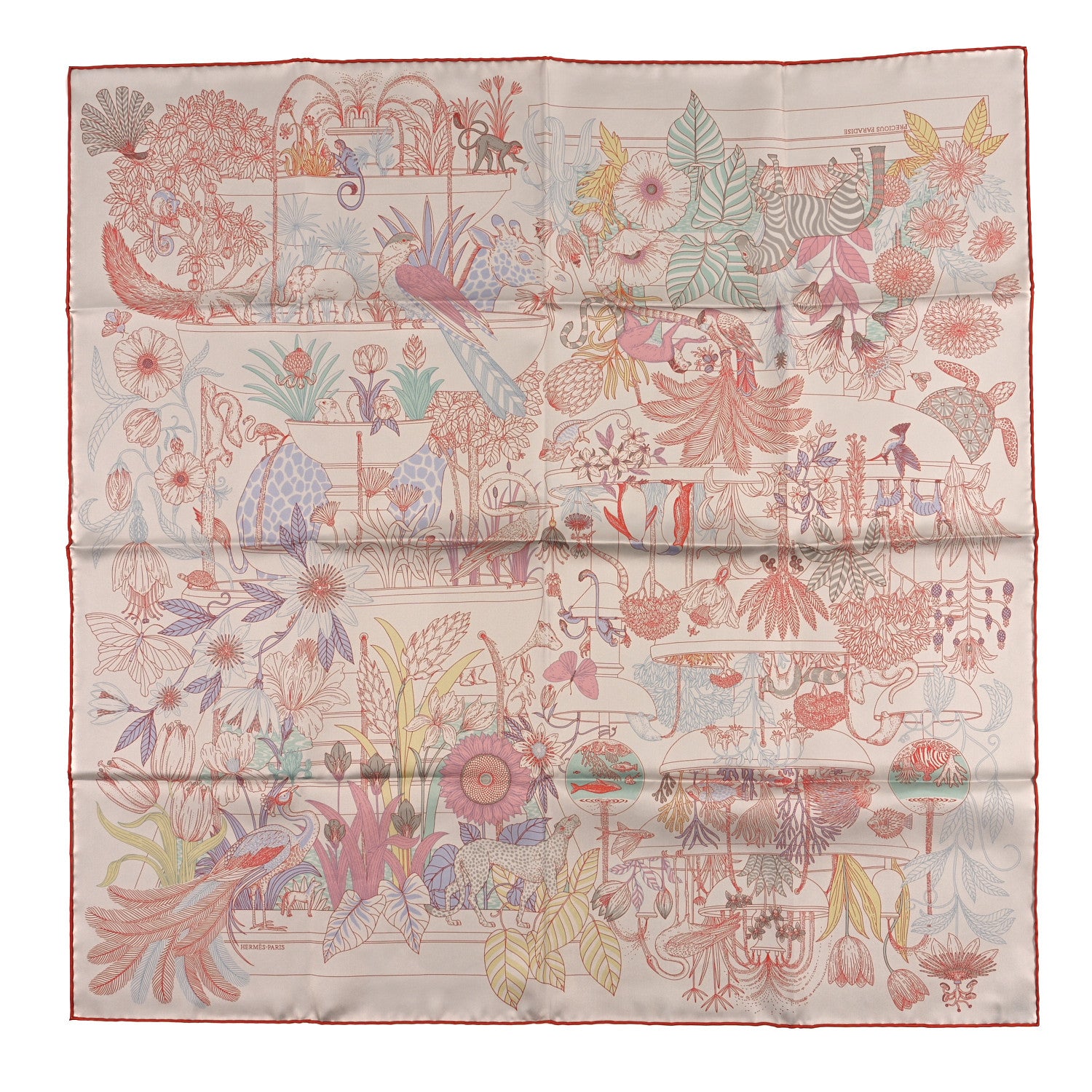 Hermes Silk Twill Precious Paradise Scarf 90 Argent Rose Aqua
