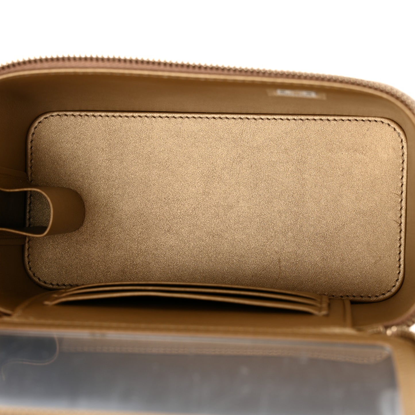 Lambskin Quilted Pearl Crush Small Vanity Case With Chain Dark Beige