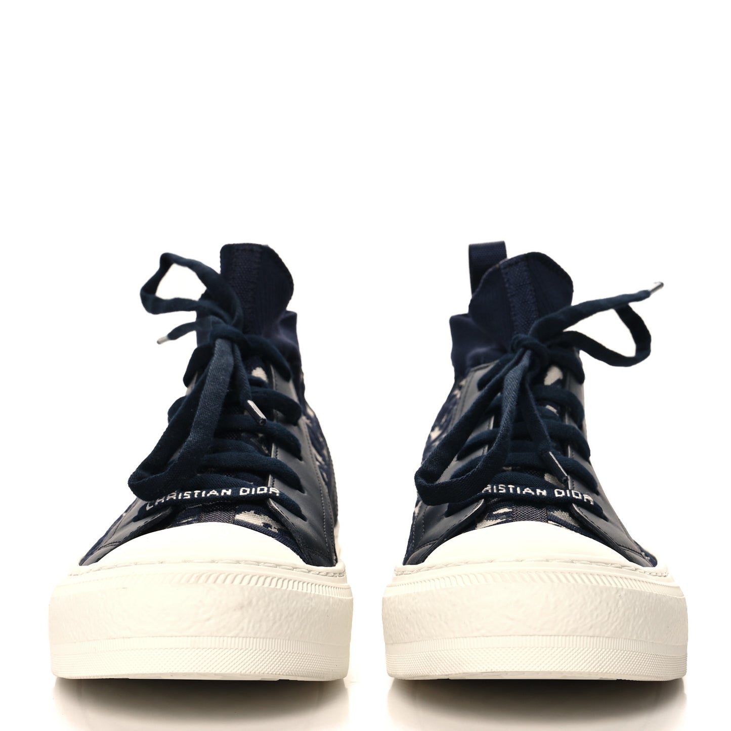 Technical Knit Calfskin Oblique Womens Walk'n Dior Mid Top Sneakers 37.5 Deep Blue