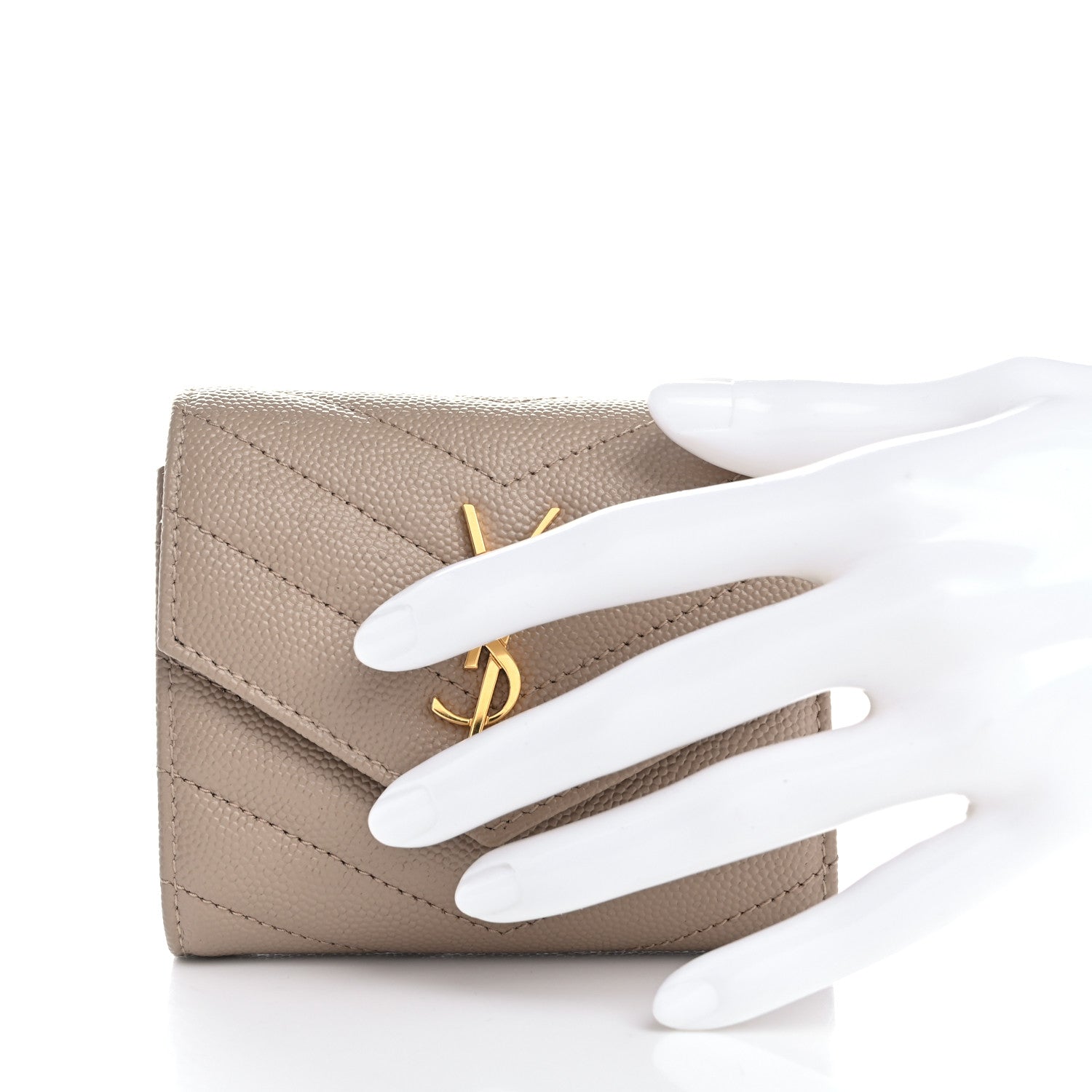 Saint Laurent Grain De Poudre Matelasse Chevron Cassandre Monogram Compact Tri Fold Wallet Dark Beige 2 of 10