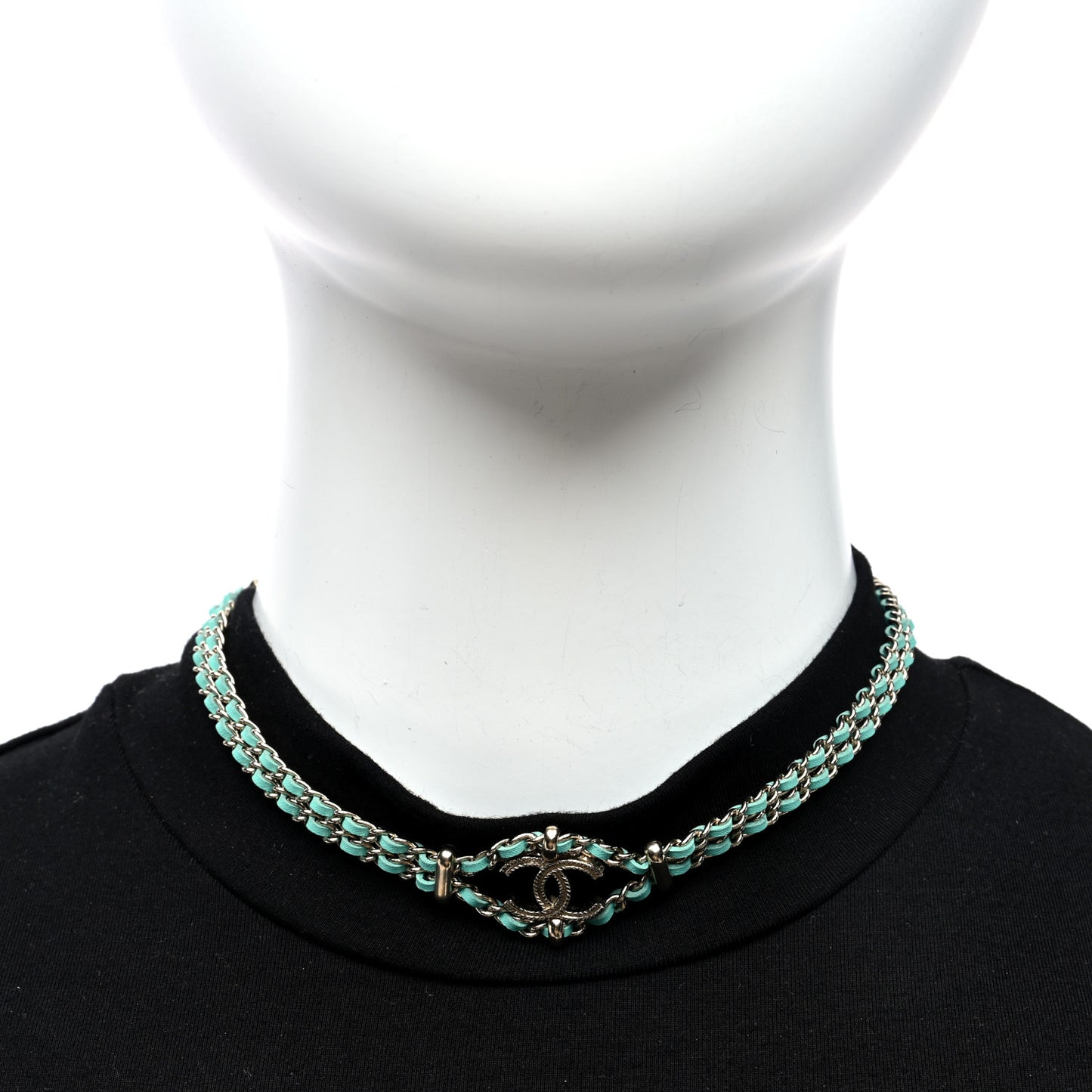 Metal Lambskin CC Chain Link Necklace Golden Light Green