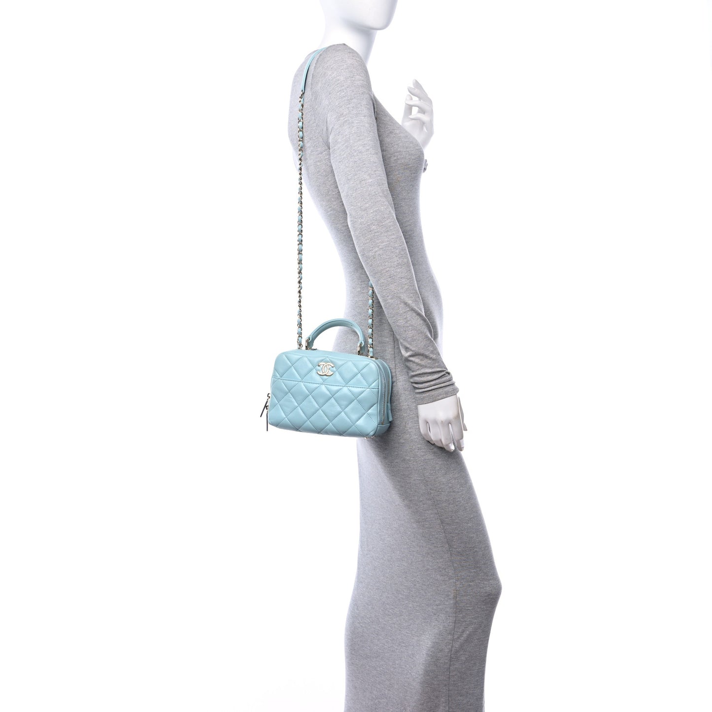 Lambskin Quilted Small Trendy CC Bowling Bag Light Blue