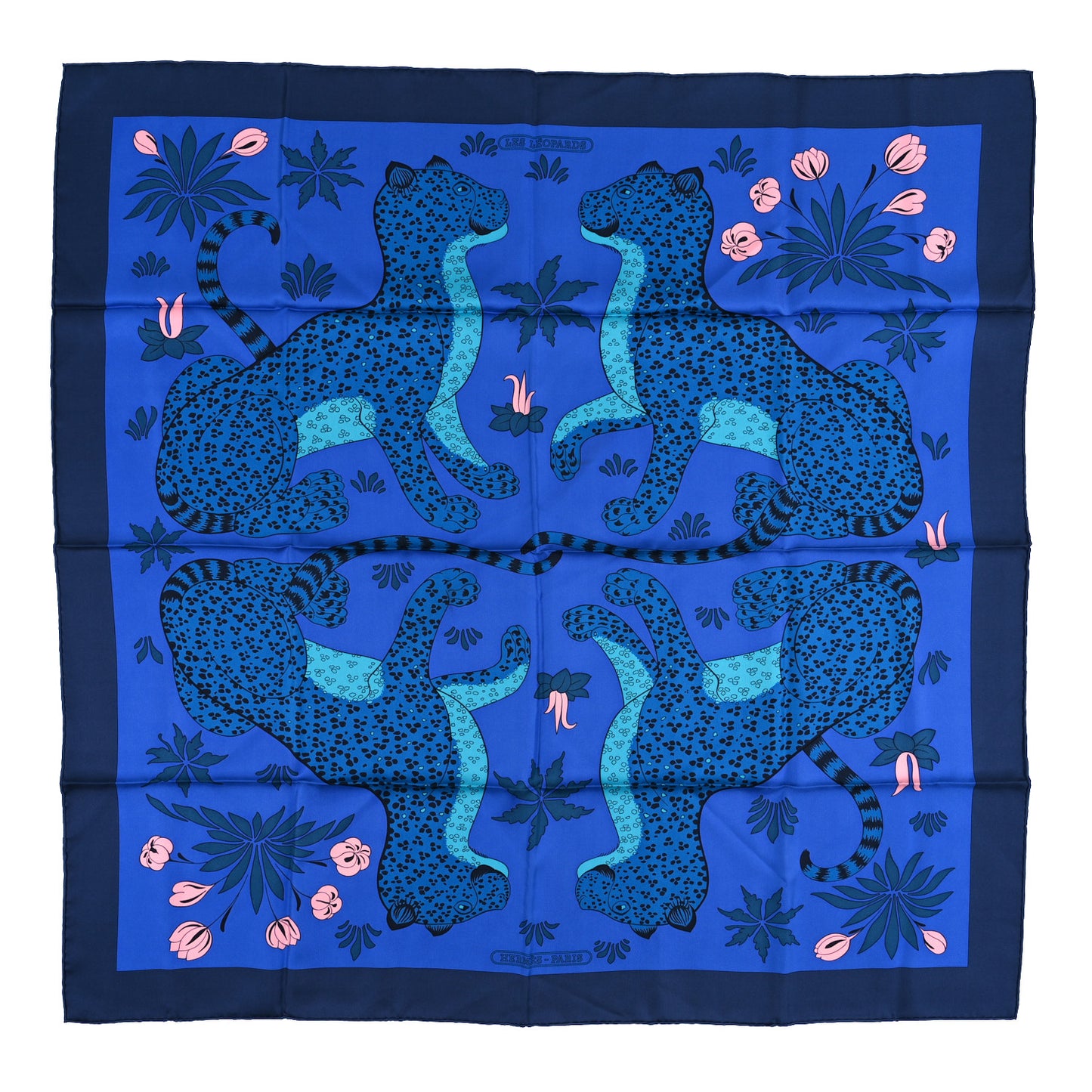 Silk Les Leopards Scarf 90 Marine Bleu Roy Turquoise