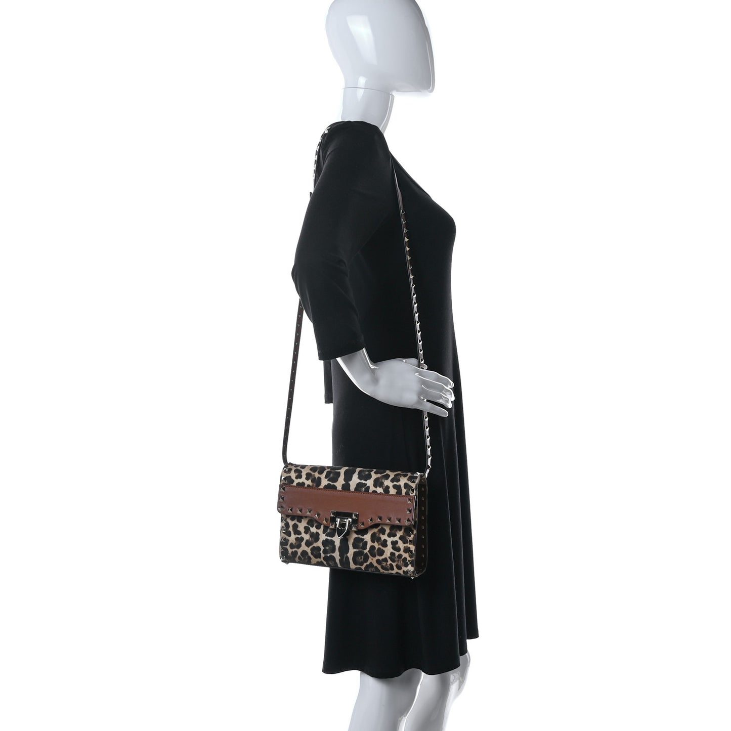 Calfskin Canvas Leopard Print Medium Rockstud Flip Lock Crossbody Bag Tan