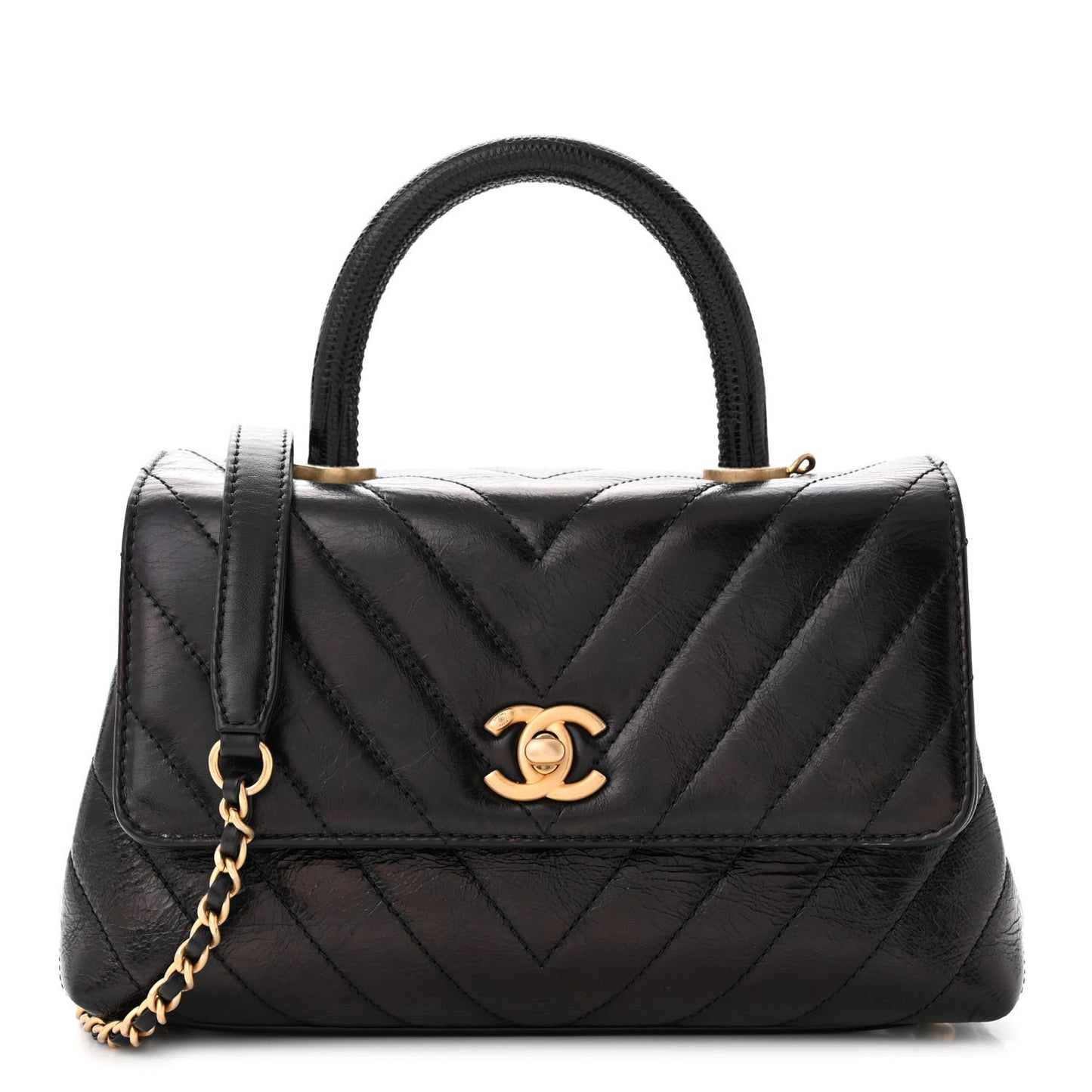 Calfskin Lizard Chevron Quilted Mini Coco Handle Flap Black