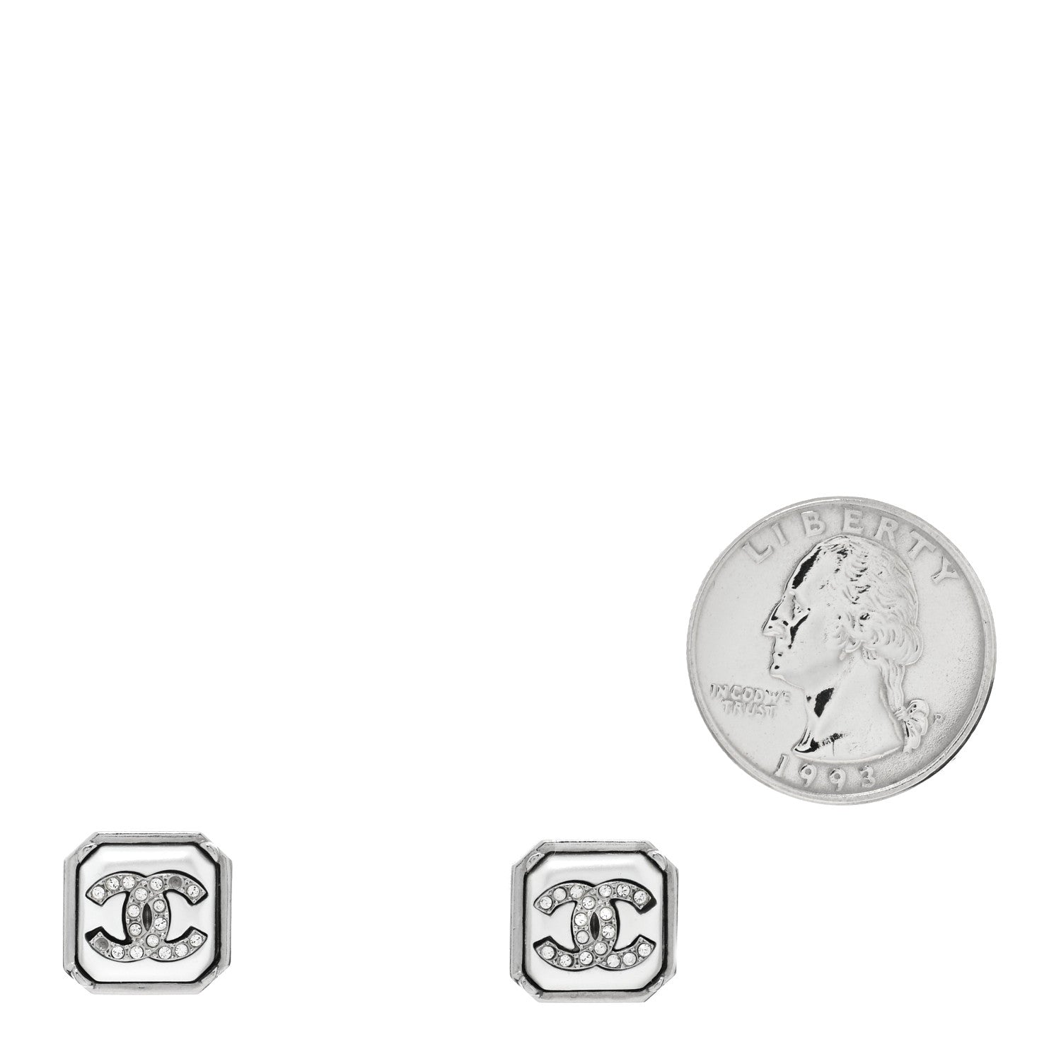 Chanel Pearl Crystal CC Square Earrings Silver 2 of 4