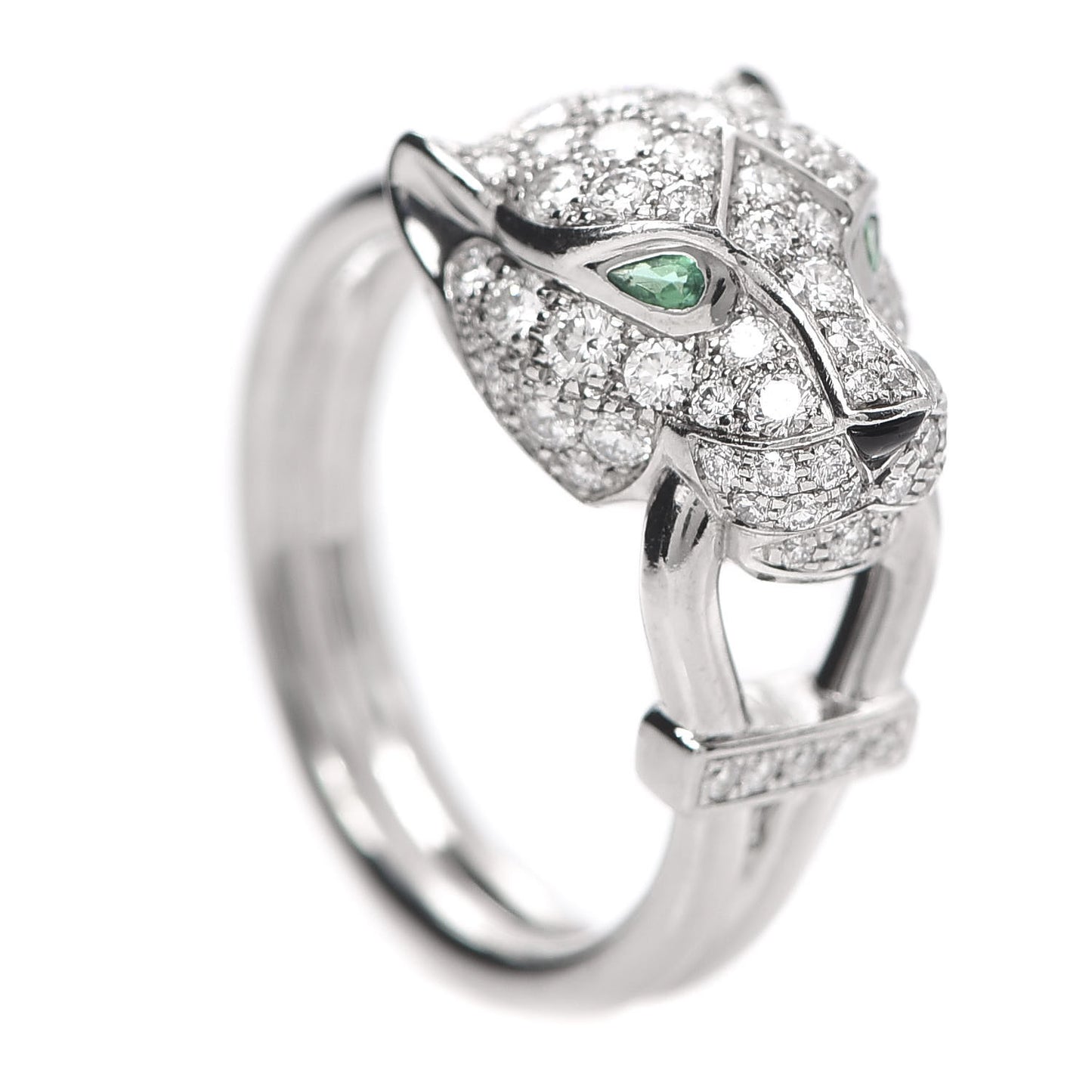 18K White Gold Diamond Emerald Black Onyx Panthere de Ring 51 5.75