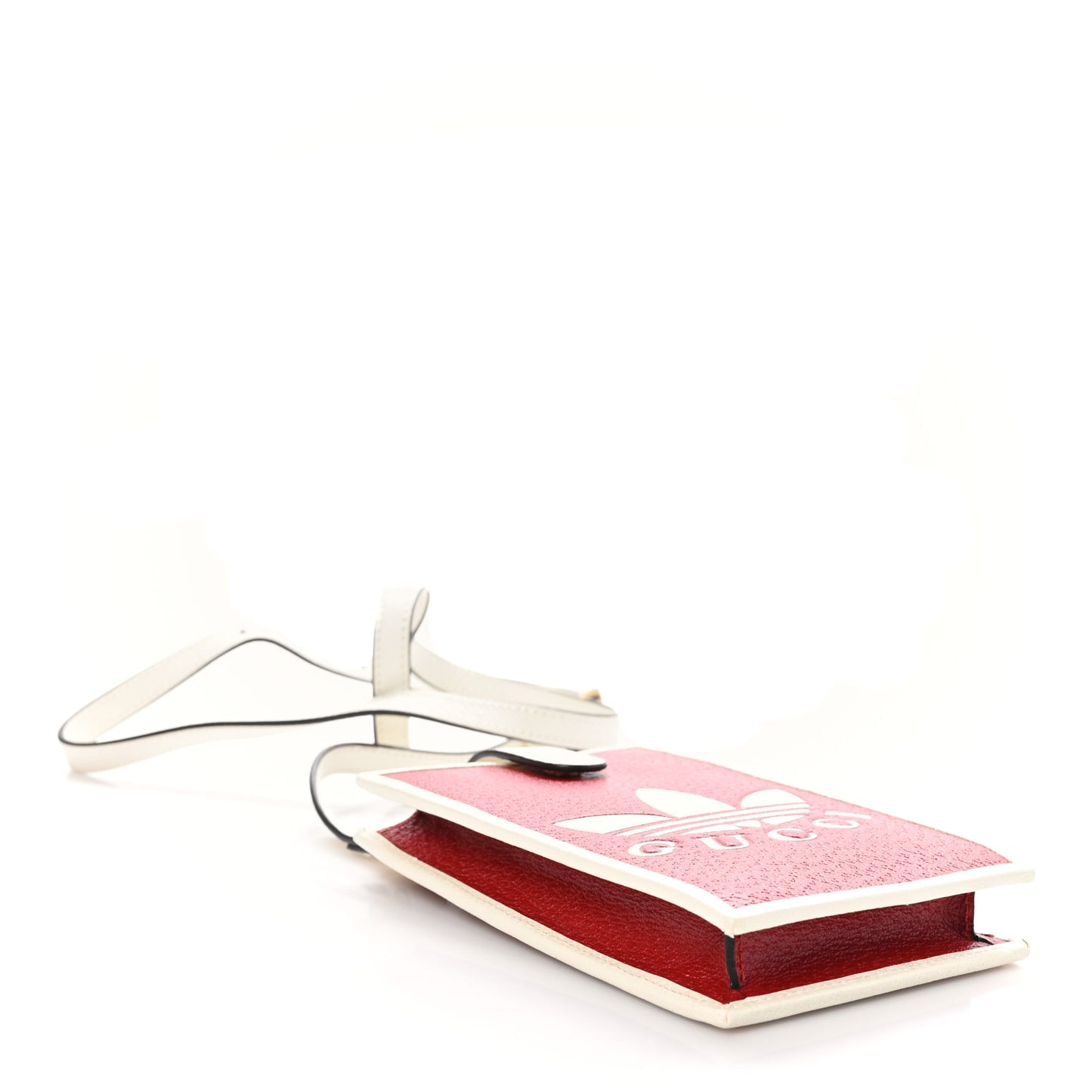 X ADIDAS Textured Dollar Calfskin Trefoil Embossed Phone Crossbody Bag Hibiscus Red Off White